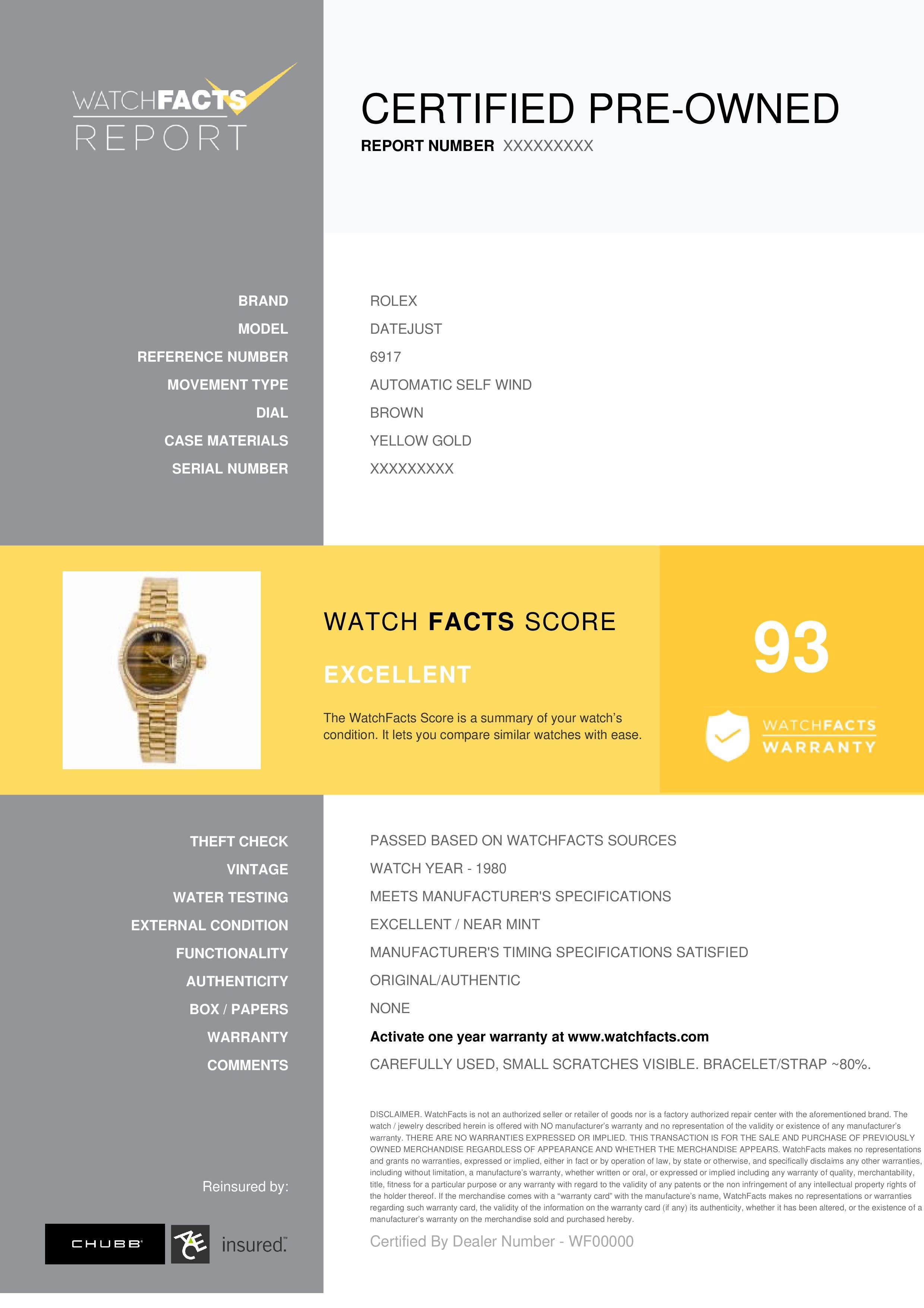 Rolex Datejust Reference #: 6917. Womens Automatic Self Wind Watch Yellow Gold Brown 26 MM. Verified and Certified by WatchFacts. 1 year warranty offered by WatchFacts.

