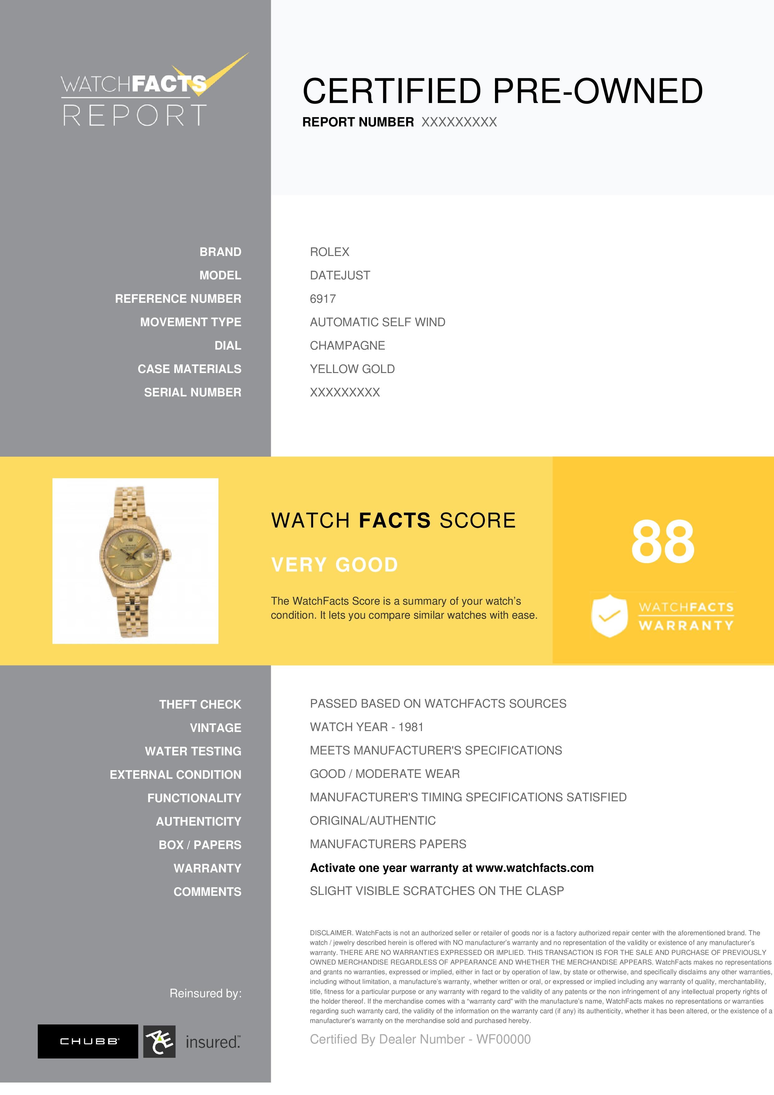 Rolex Datejust Reference #: 6917. Womens Automatic Self Wind Watch Yellow Gold Champagne 26 MM. Verified and Certified by WatchFacts. 1 year warranty offered by WatchFacts.
