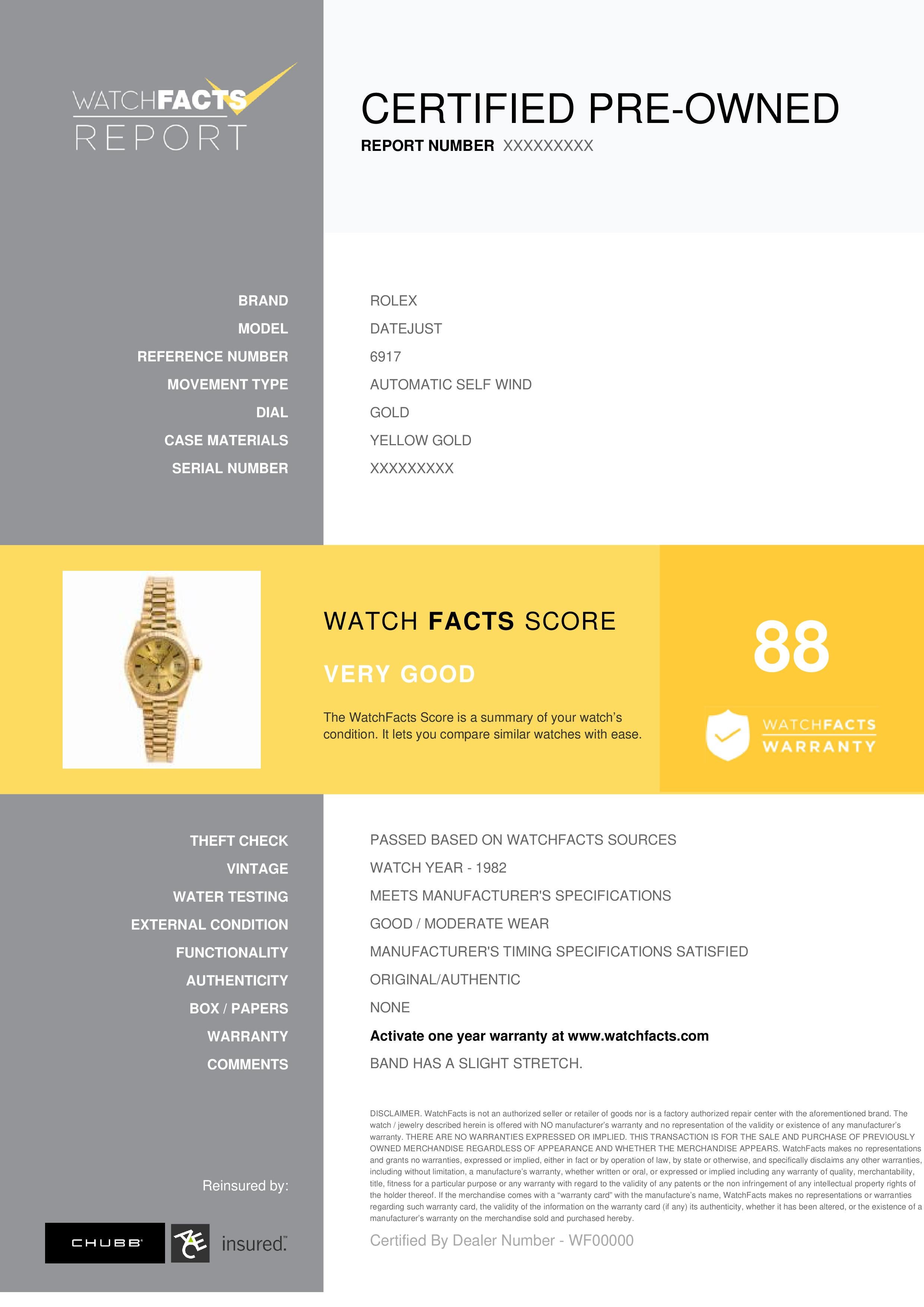 Rolex Datejust Reference #: 6917. Womens Automatic Self Wind Watch Yellow Gold Gold 26 MM. Verified and Certified by WatchFacts. 1 year warranty offered by WatchFacts.
