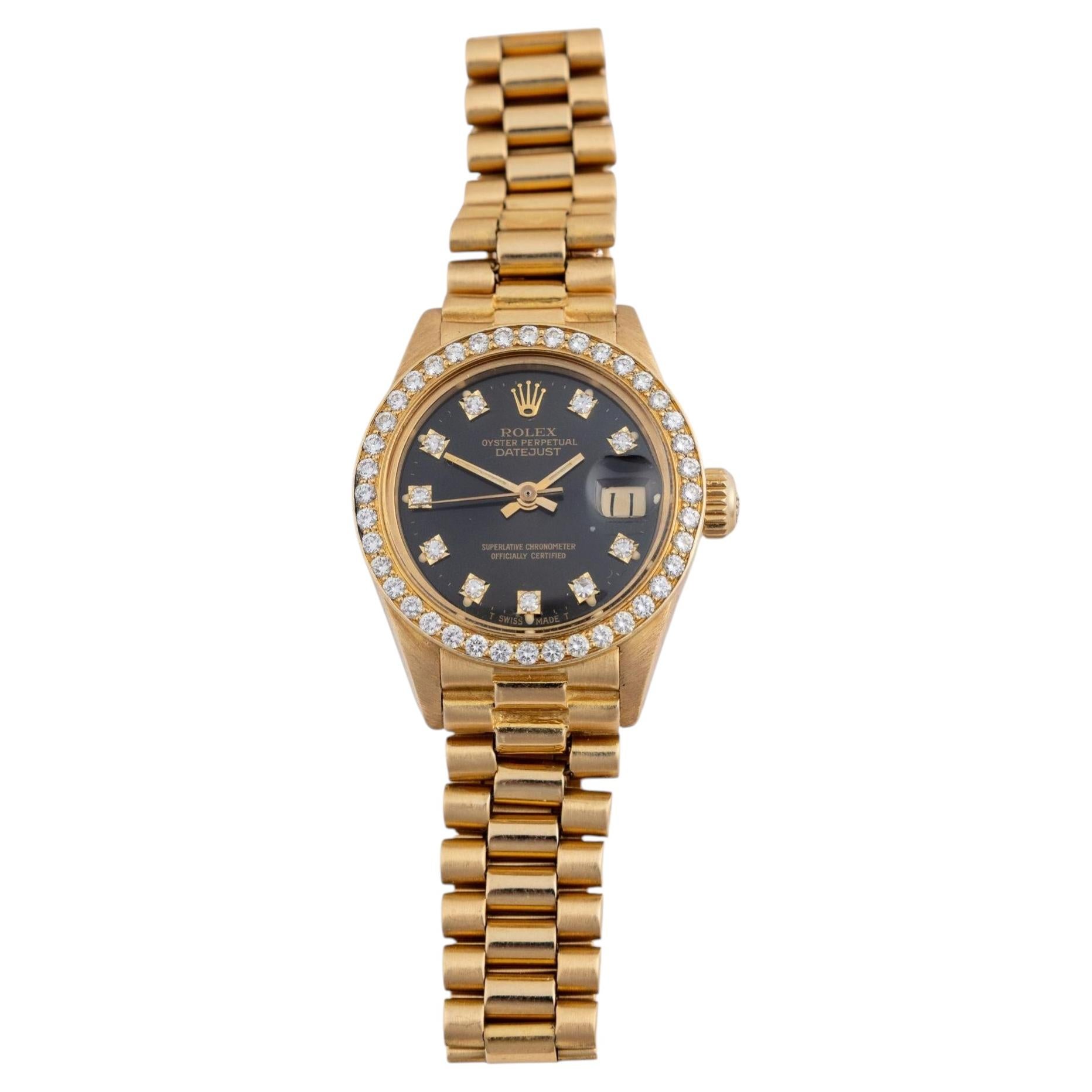 Montre Rolex Datejust 6917, 26 mm, en or 18 carats, lunette « President » sertie de diamants, cadran noir