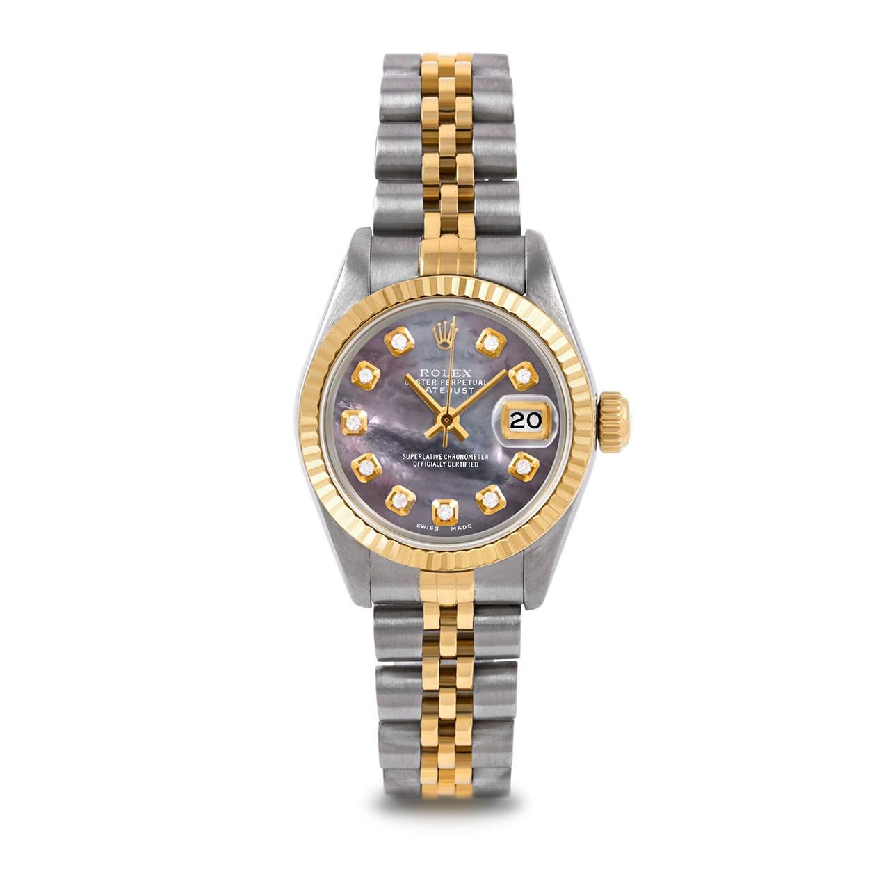 Pre-Owned Rolex 6917 Ladies 26mm Two Tone Datejust Watch, Custom Black Mother of Pearl Diamond Dial & Fluted Bezel on Rolex 14K Yellow Gold And Stainless Steel Jubilee Band.   

SKU 6917-TT-BMOP-DIA-AM-FLT-JBL


Brand/Model:        Rolex