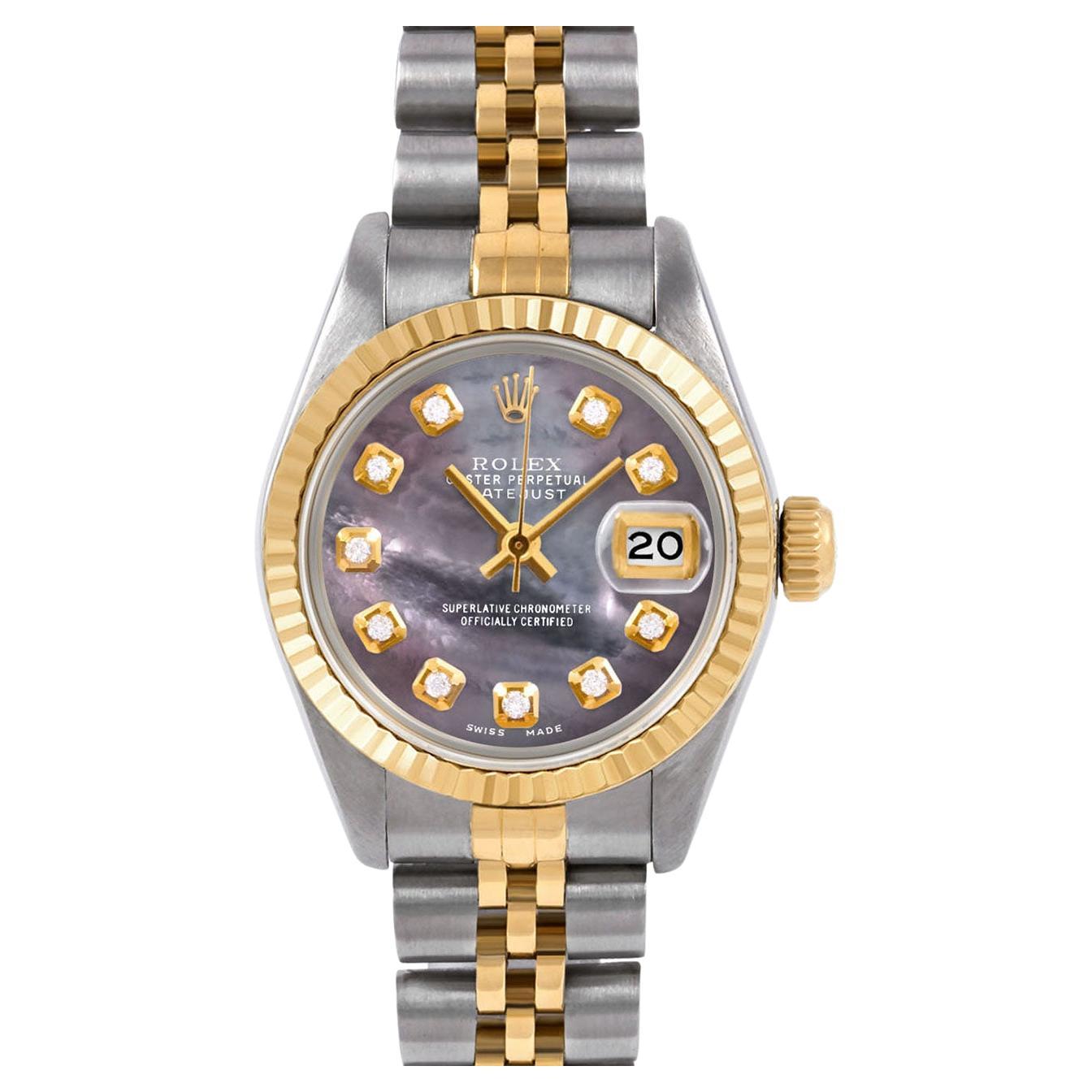 Rolex Datejust 6917 Black Mother of Pearl Diamond Dial Jubilee Band Fluted Bezel For Sale