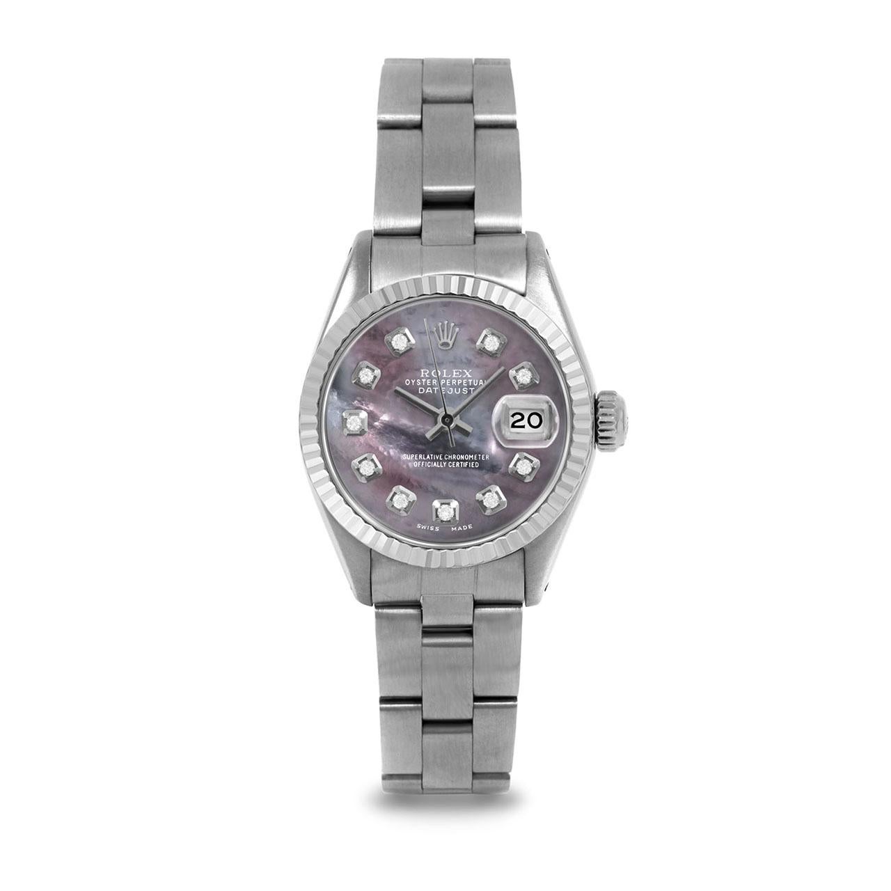 Pre-Owned Rolex 6917 Ladies 26mm Datejust Watch, Custom Black Mother of Pearl Diamond Dial & Fluted Bezel on Rolex Stainless Steel Oyster Band.   

SKU 6917-SS-BMOP-DIA-AM-FLT-OYS


Brand/Model:        Rolex Datejust
Model Number:        6917
Style: