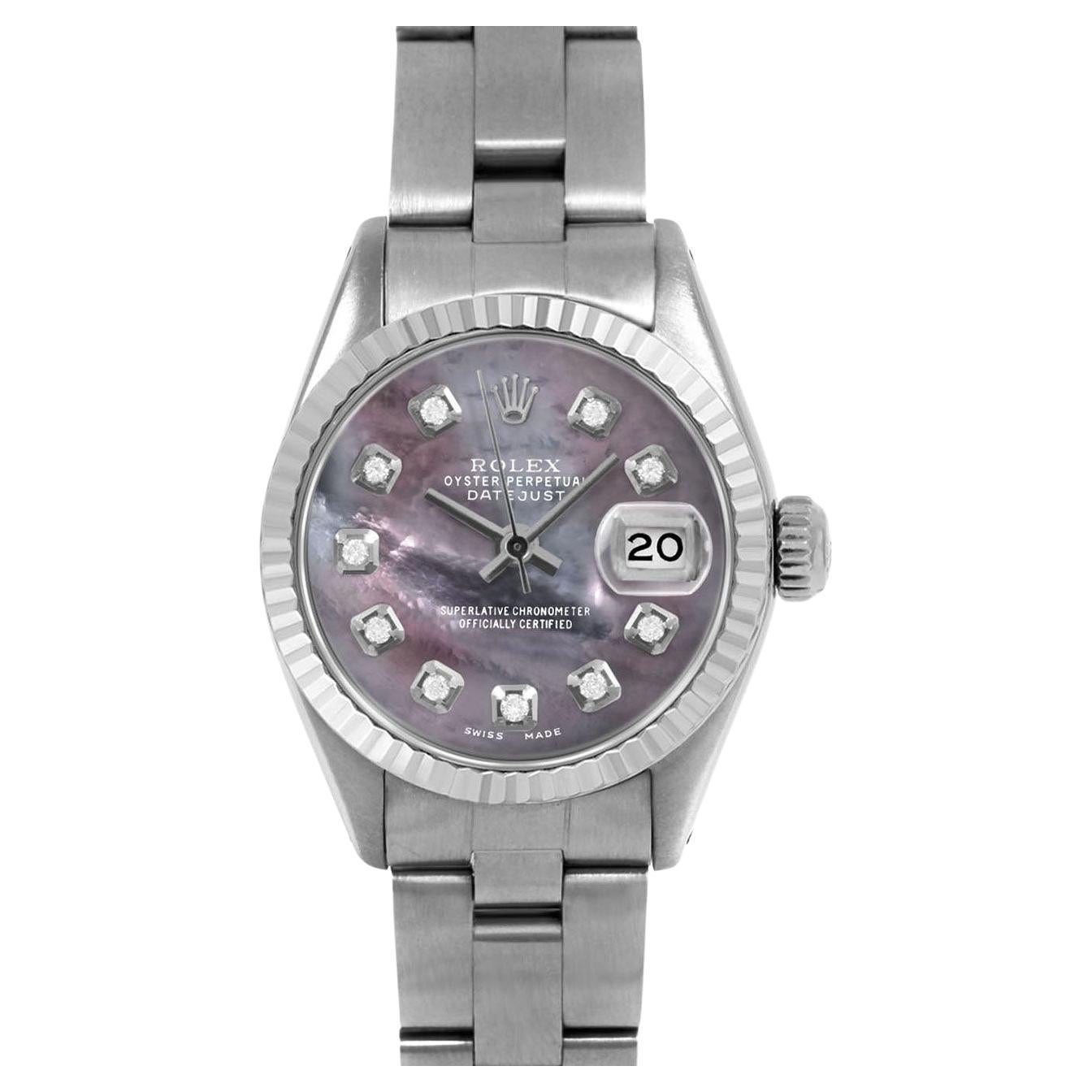 Rolex Datejust 6917 Black Mother of Pearl Diamond Dial Oyster Band Fluted Bezel For Sale
