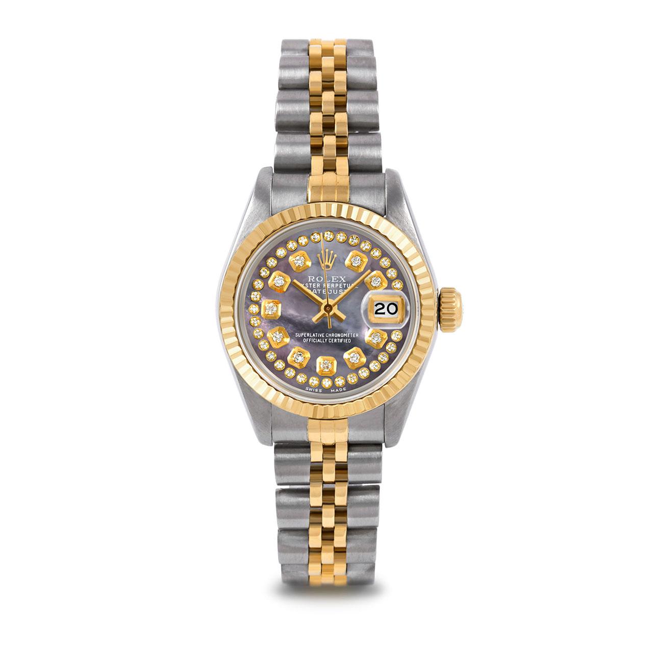 Pre-Owned Rolex 6917 Ladies 26mm Two Tone Datejust Watch, Custom Black Mother of Pearl String Diamond Dial & Fluted Bezel on Rolex 14K Yellow Gold And Stainless Steel Jubilee Band.   

SKU 6917-TT-BMOP-STRD-FLT-JBL


Brand/Model:        Rolex