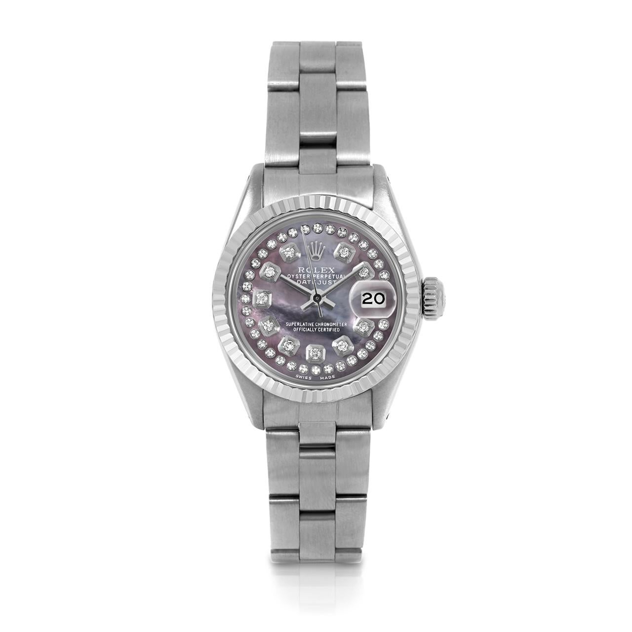 Pre-Owned Rolex 6917 Ladies 26mm Datejust Watch, Custom Black Mother of Pearl String Diamond Dial & Fluted Bezel on Rolex Stainless Steel Oyster Band.   

SKU 6917-SS-BMOP-STRD-FLT-OYS


Brand/Model:        Rolex Datejust
Model Number:       