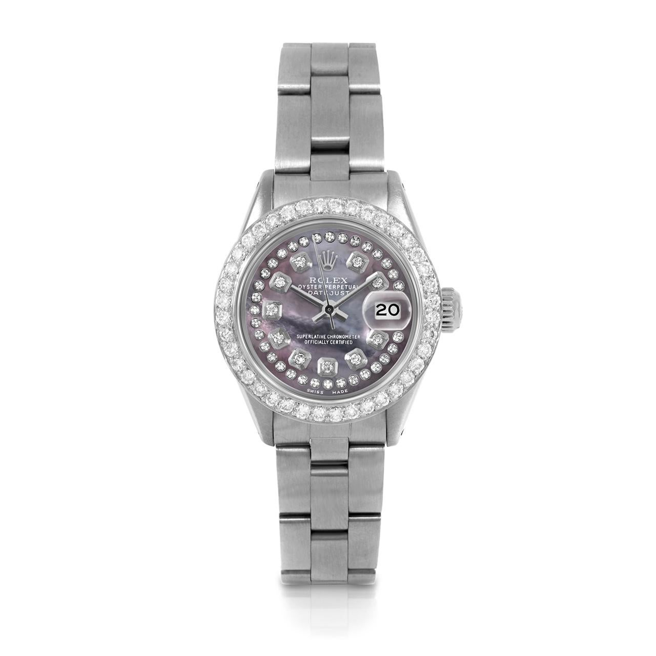 Pre-Owned Rolex 6917 Ladies 26mm Datejust Watch, Custom Black Mother of Pearl String Diamond Dial & Custom 1ct Diamond Bezel on Rolex Stainless Steel Oyster Band.   

SKU 6917-SS-BMOP-STRD-BDS-OYS


Brand/Model:        Rolex Datejust
Model Number:  