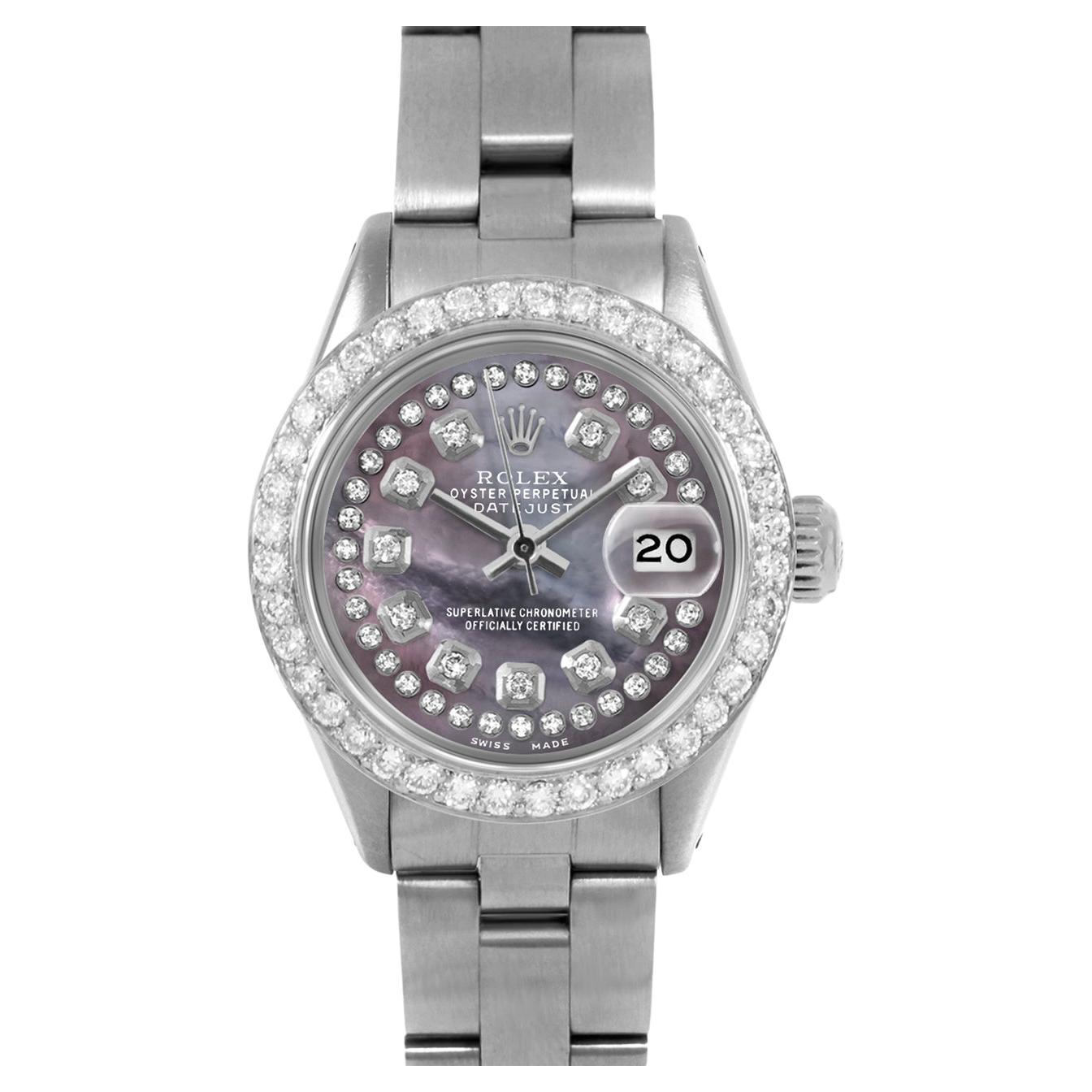 Rolex Datejust 6917 Black Mother of Pearl String Diamond Dial Oyster Band For Sale
