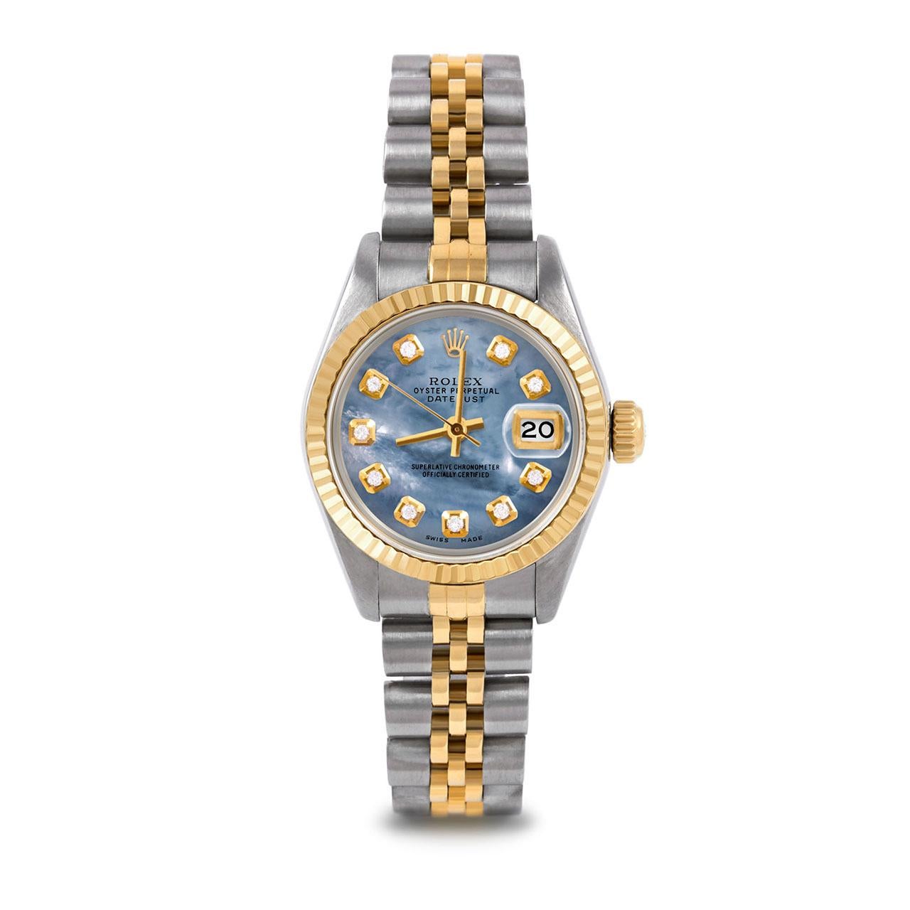 Montre Rolex 6917 Ladies 26mm Two Tone Datejust Watch, Custom Blue Mother of Pearl Diamond Dial & Fluted Bezel on Rolex 14K Yellow Gold and Stainless Steel Jubilee Band.   

SKU 6917-TT-BLMOP-DIA-AM-FLT-JBL


Marque/Modèle :        Rolex