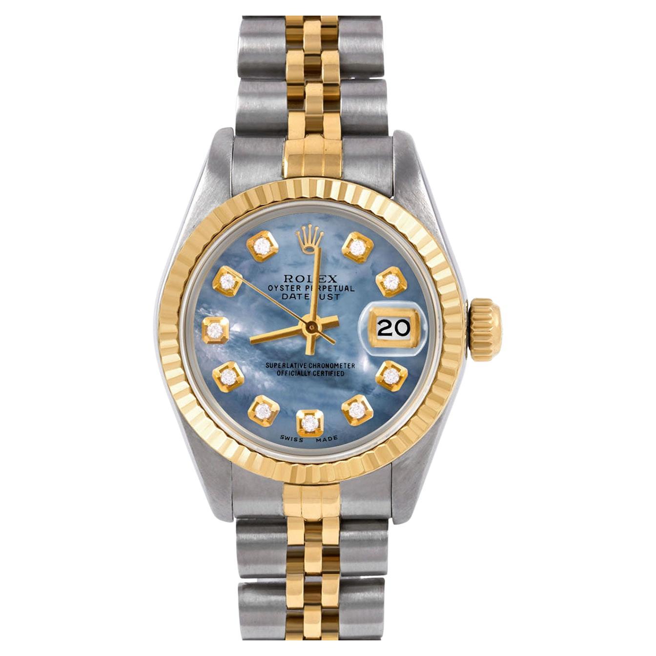 Rolex Montre Datejust 6917 à lunette cannelée avec cadran en nacre bleue et diamants