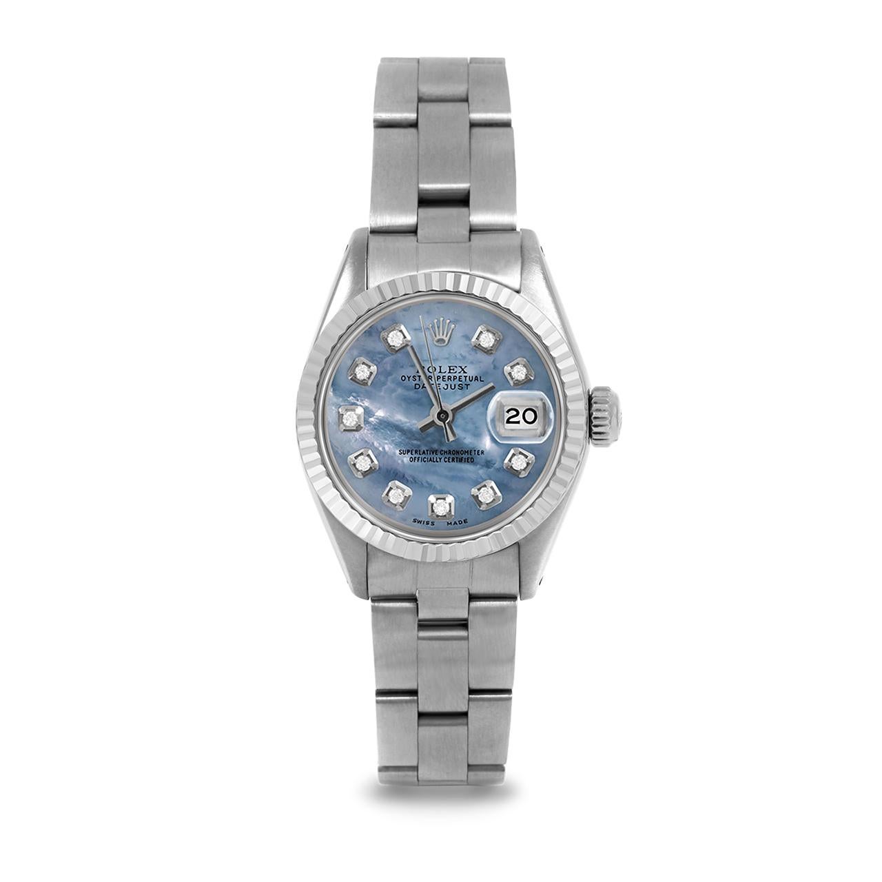 Montre Rolex 6917 Ladies 26mm Datejust d'occasion, cadran bleu personnalisé en nacre avec diamants et lunette cannelée sur bracelet Rolex Oyster en acier inoxydable.   

SKU 6917-SS-BLMOP-DIA-AM-FLT-OYS


Marque/Modèle :        Rolex Datejust
Numéro