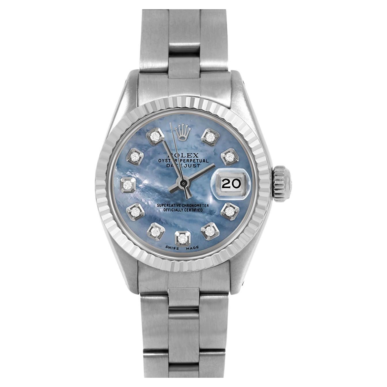 Rolex Datejust 6917 Blue Mother of Pearl Diamond Dial Oyster Band Fluted Bezel For Sale