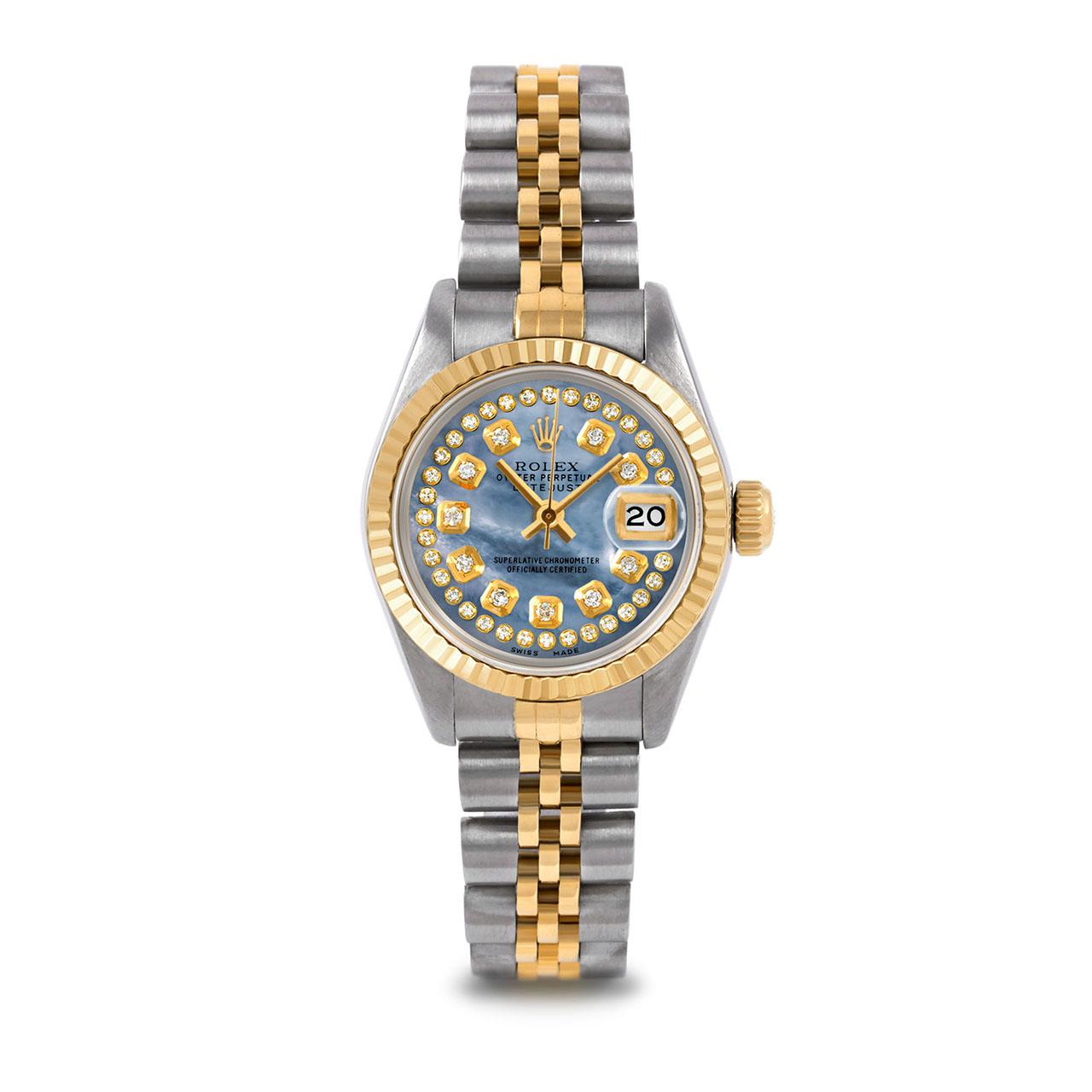 Pre-Owned Rolex 6917 Ladies 26mm Two Tone Datejust Watch, Custom Blue Mother of Pearl String Diamond Dial & Fluted Bezel on Rolex 14K Yellow Gold And Stainless Steel Jubilee Band.   

SKU 6917-TT-BLMOP-STRD-FLT-JBL


Brand/Model:        Rolex