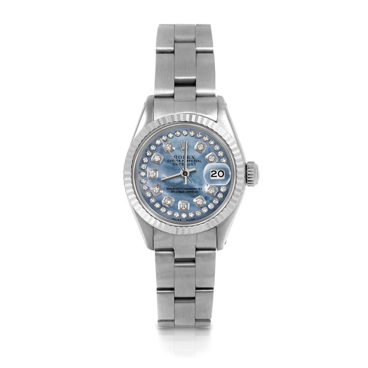 Pre-Owned Rolex 6917 Ladies 26mm Datejust Watch, Custom Blue Mother of Pearl String Diamond Dial & Fluted Bezel on Rolex Stainless Steel Oyster Band.   

SKU 6917-SS-BLMOP-STRD-FLT-OYS


Brand/Model:        Rolex Datejust
Model Number:       