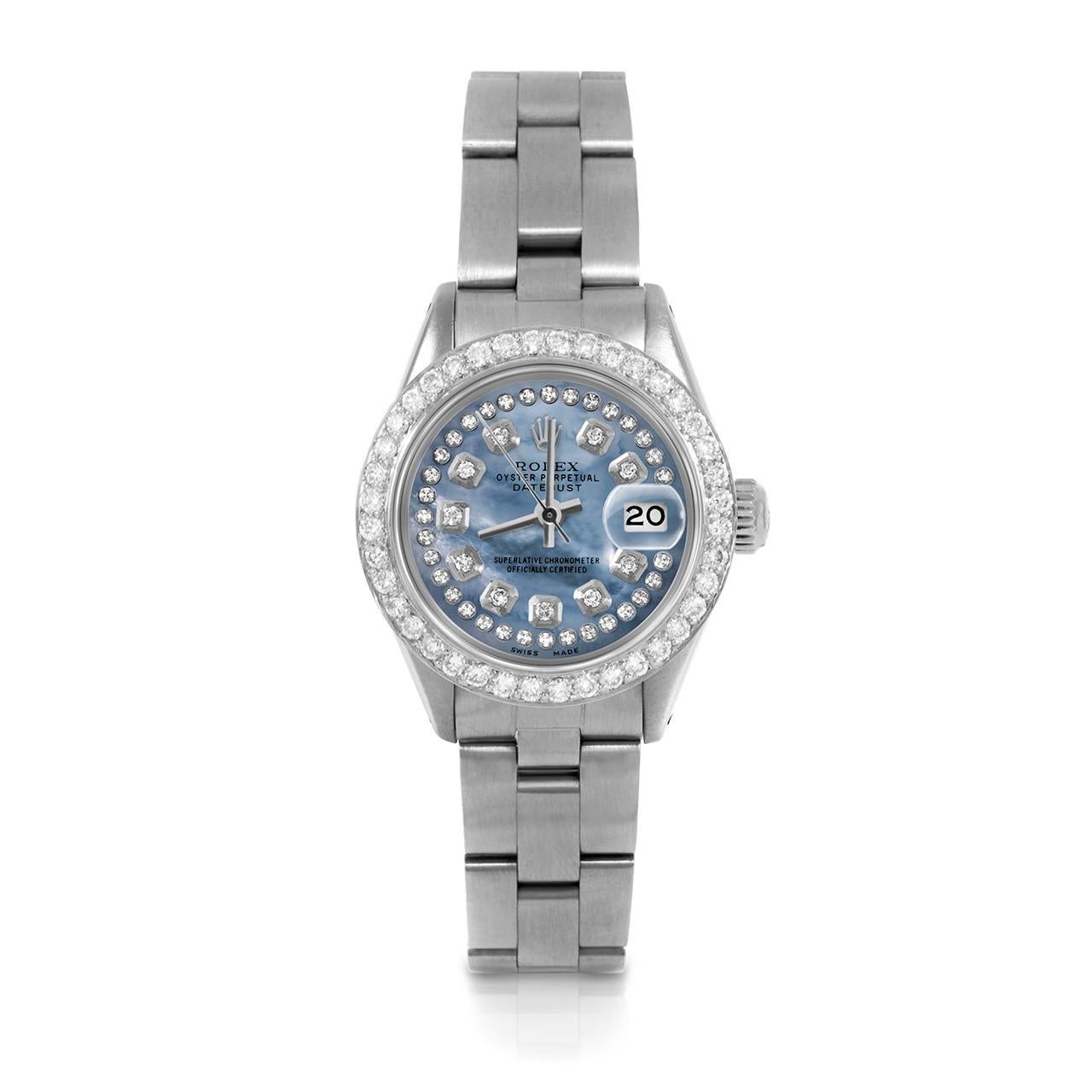 Pre-Owned Rolex 6917 Ladies 26mm Datejust Watch, Custom Blue Mother of Pearl String Diamond Dial & Custom 1ct Diamond Bezel on Rolex Stainless Steel Oyster Band.   

SKU 6917-SS-BLMOP-STRD-BDS-OYS


Brand/Model:        Rolex Datejust
Model Number:  