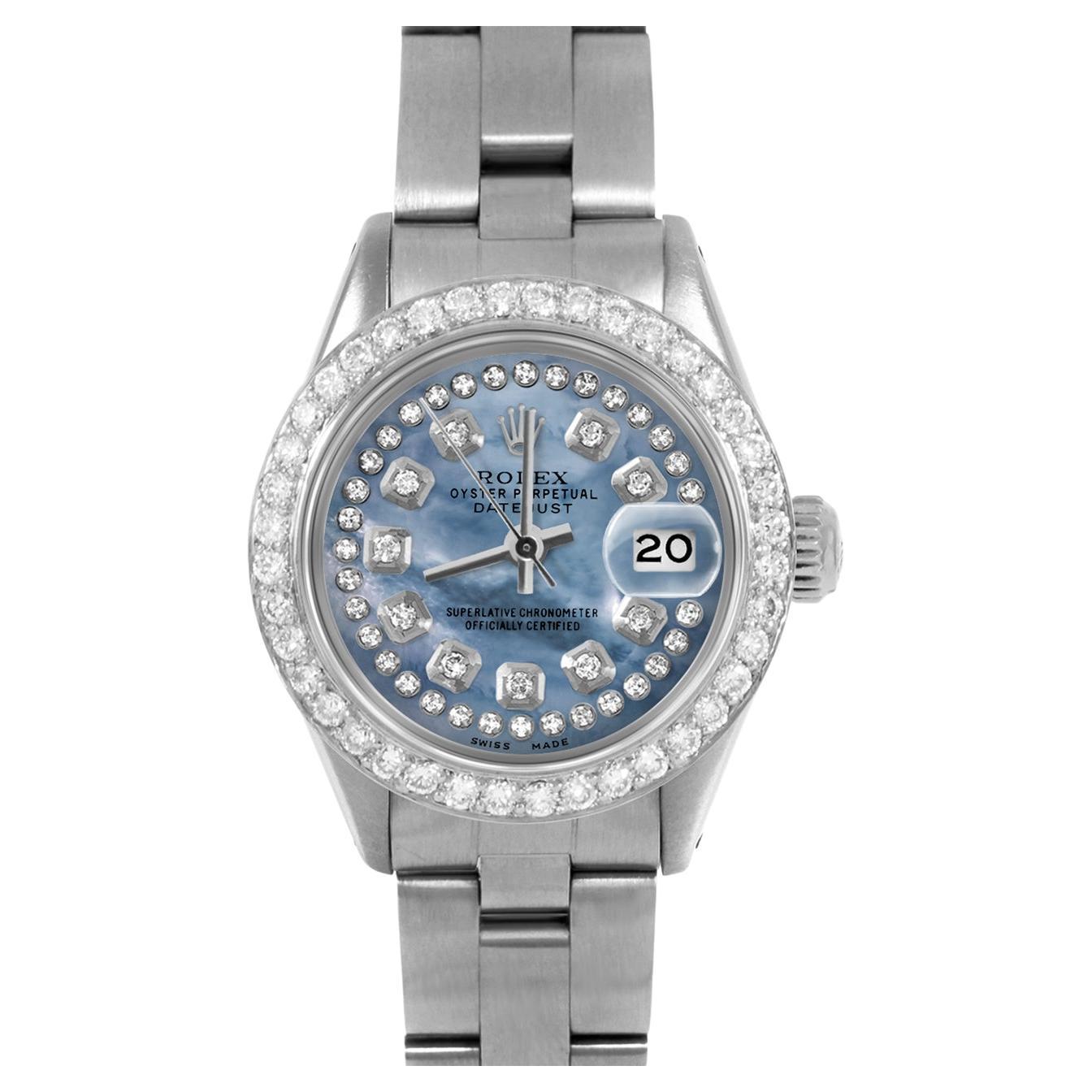 Rolex, bracelet Oyster Datejust 6917 en nacre bleue avec cadran en diamants et corde