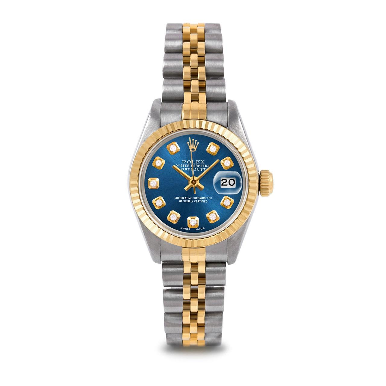 Pre-Owned Rolex 6917 Ladies 26mm Two Tone Datejust Watch, Custom Blue Diamond Dial & Fluted Bezel on Rolex 14K Yellow Gold And Stainless Steel Jubilee Band.   

SKU 6917-TT-BLU-DIA-AM-FLT-JBL


Brand/Model:        Rolex Datejust
Model Number:       