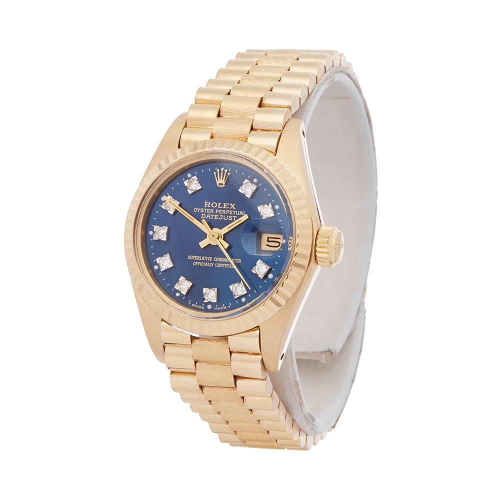 Ref: W4861
Manufacturer: Rolex
Model: Datejust
Model Ref: 6917
Age: 
Gender: Ladies
Complete With: Box Only
Dial: Black Diamond Markers
Glass: Plexiglass
Movement: Automatic
Water Resistance: To Manufacturers Specifications
Case: 18k Yellow