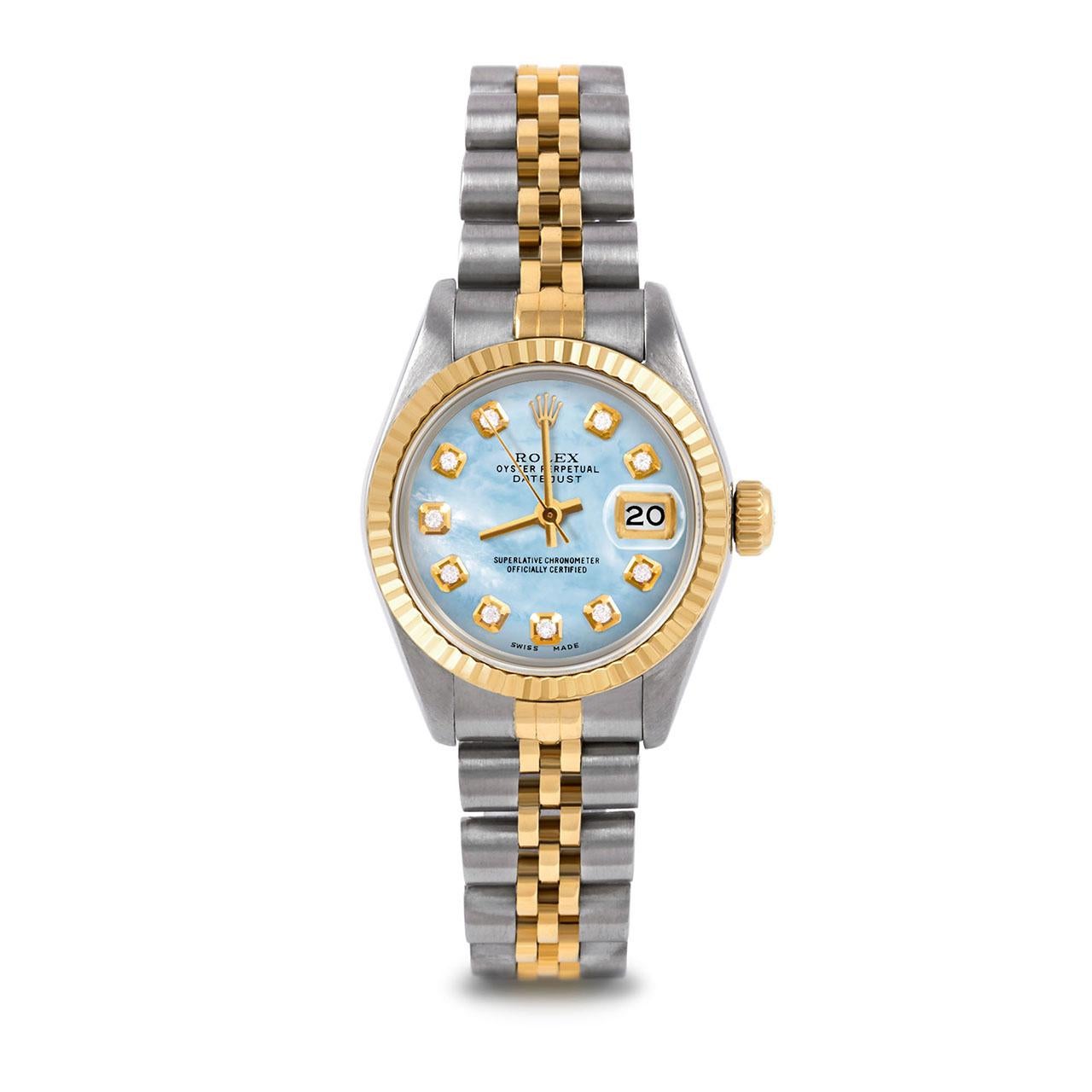 Pre-Owned Rolex 6917 Ladies 26mm Two Tone Datejust Watch, Custom Light Blue Mother of Pearl Diamond Dial & Fluted Bezel on Rolex 14K Yellow Gold And Stainless Steel Jubilee Band.   

SKU 6917-TT-LBMOP-DIA-AM-FLT-JBL


Brand/Model:        Rolex