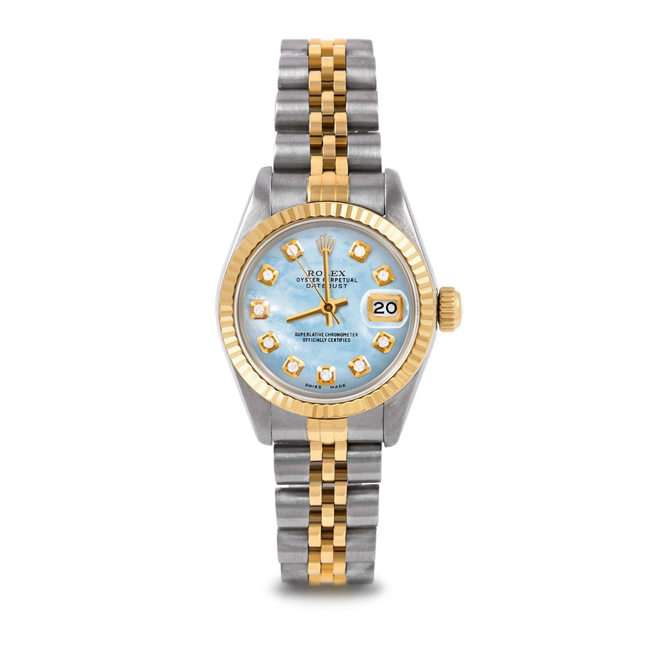 Montre Rolex 6917 26mm Two Tone Datejust pour femme, cadran personnalisé en nacre bleu clair avec diamants et lunette cannelée sur bracelet jubilé en or jaune 14K et acier inoxydable de Rolex.   

SKU 6917-TT-LBMOP-DIA-AM-FLT-JBL


Marque/Modèle :  