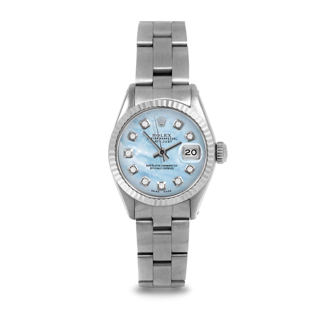 Pre-Owned Rolex 6917 Ladies 26mm Datejust Watch, Custom Light Blue Mother of Pearl Diamond Dial & Fluted Bezel on Rolex Stainless Steel Oyster Band.   

SKU 6917-SS-LBMOP-DIA-AM-FLT-OYS


Brand/Model:        Rolex Datejust
Model Number:       