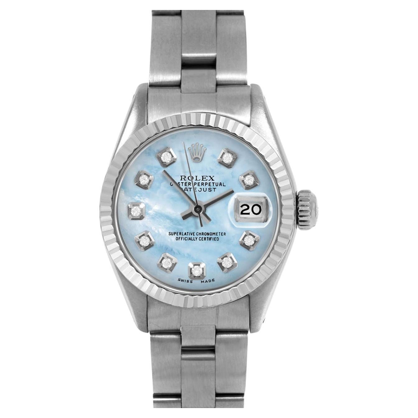 Rolex Montre Datejust 6917 bleu clair avec cadran en nacre et diamants en vente