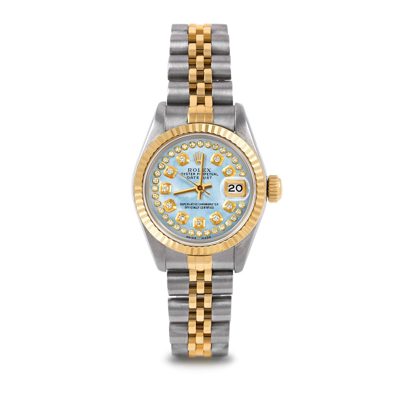 Pre-Owned Rolex 6917 Ladies 26mm Two Tone Datejust Watch, Custom Light Blue Mother of Pearl String Diamond Dial & Fluted Bezel on Rolex 14K Yellow Gold And Stainless Steel Jubilee Band.   

SKU 6917-TT-LBMOP-STRD-FLT-JBL


Brand/Model:        Rolex