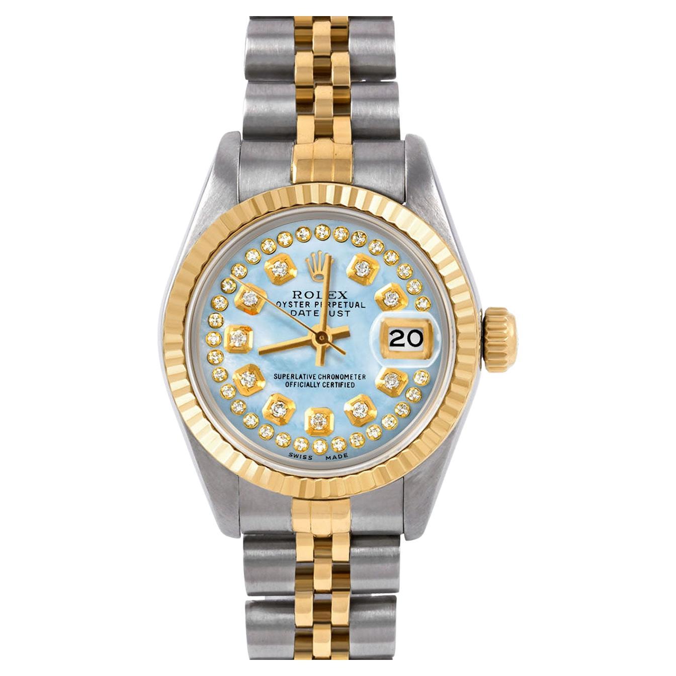 Rolex Montre Datejust 6917 bleu clair avec bracelet en nacre et cadran en diamants