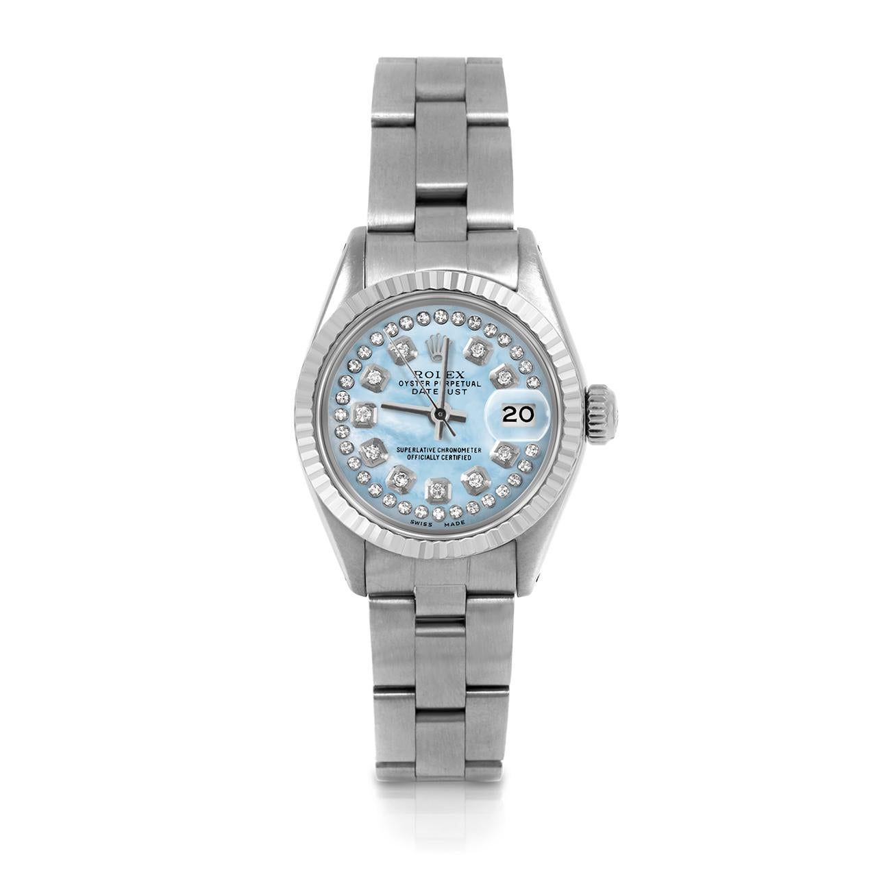 Pre-Owned Rolex 6917 Ladies 26mm Datejust Watch, Custom Light Blue Mother of Pearl String Diamond Dial & Fluted Bezel on Rolex Stainless Steel Oyster Band.   

SKU 6917-SS-LBMOP-STRD-FLT-OYS


Brand/Model:        Rolex Datejust
Model Number:       