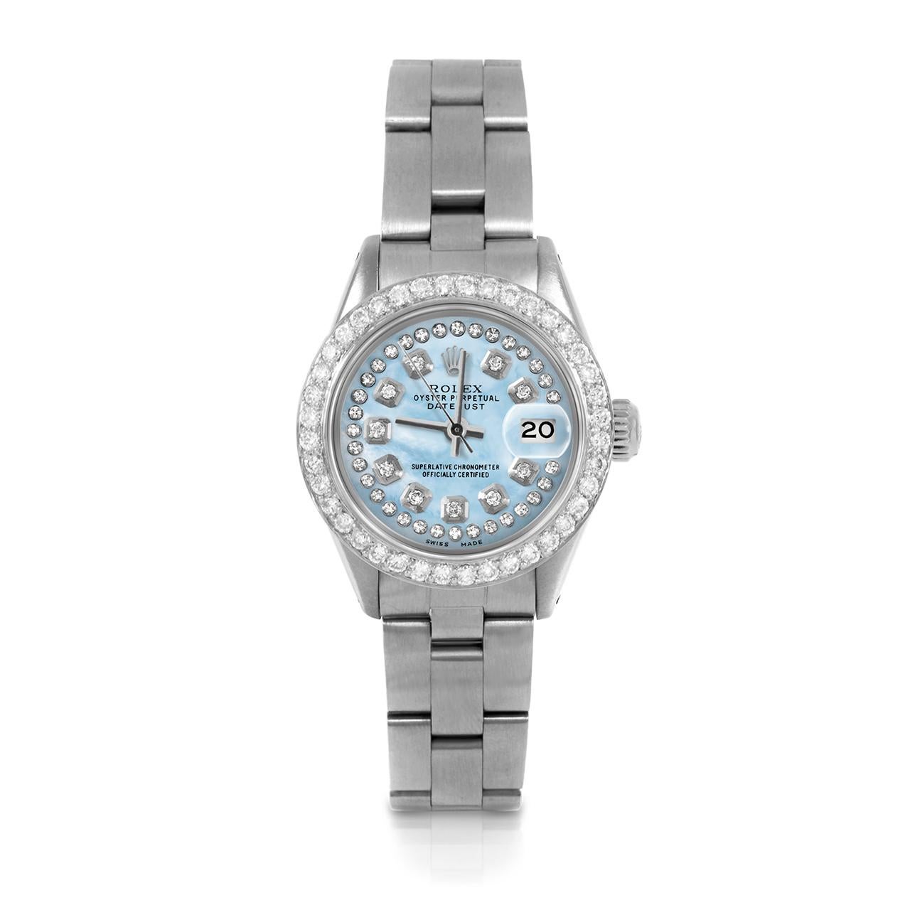 Montre Rolex 6917 26mm Datejust pour femme d'occasion, cadran personnalisé en nacre bleu clair avec diamants et lunette personnalisée avec 1ct de diamant sur bracelet Rolex Oyster en acier inoxydable.   

SKU