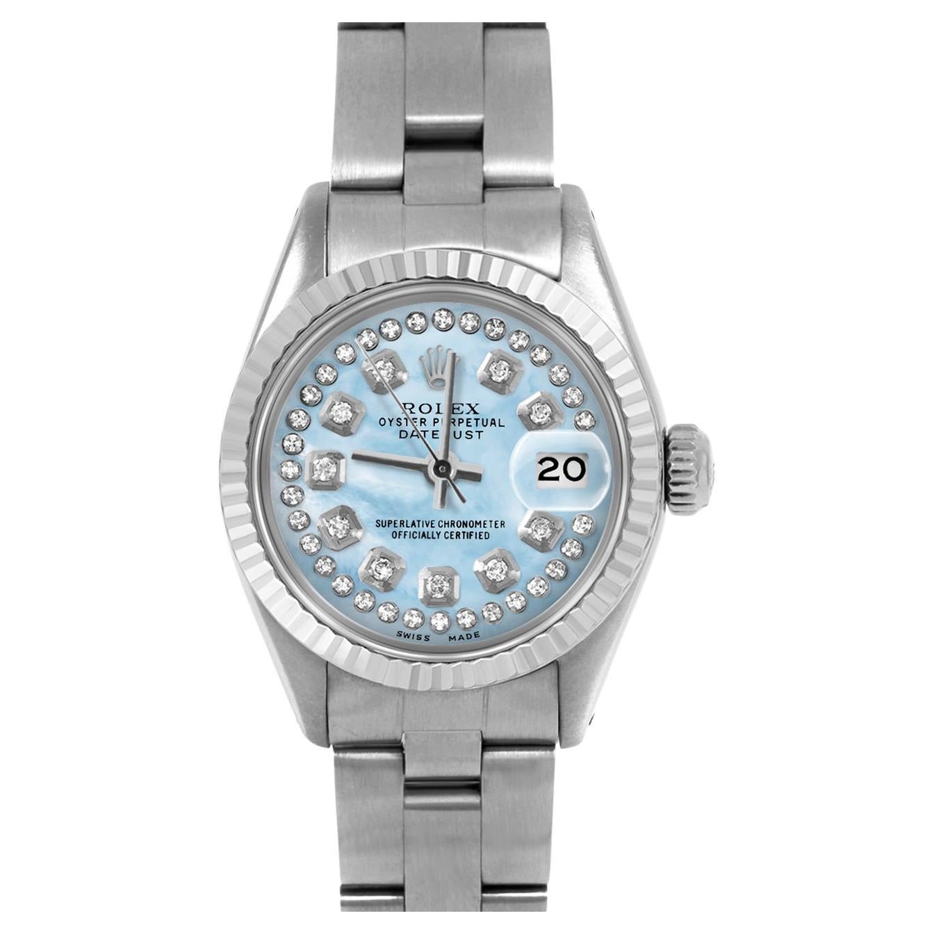 Rolex, bracelet Oyster Datejust 6917 bleu clair à cordon en nacre et cadran en diamant en vente