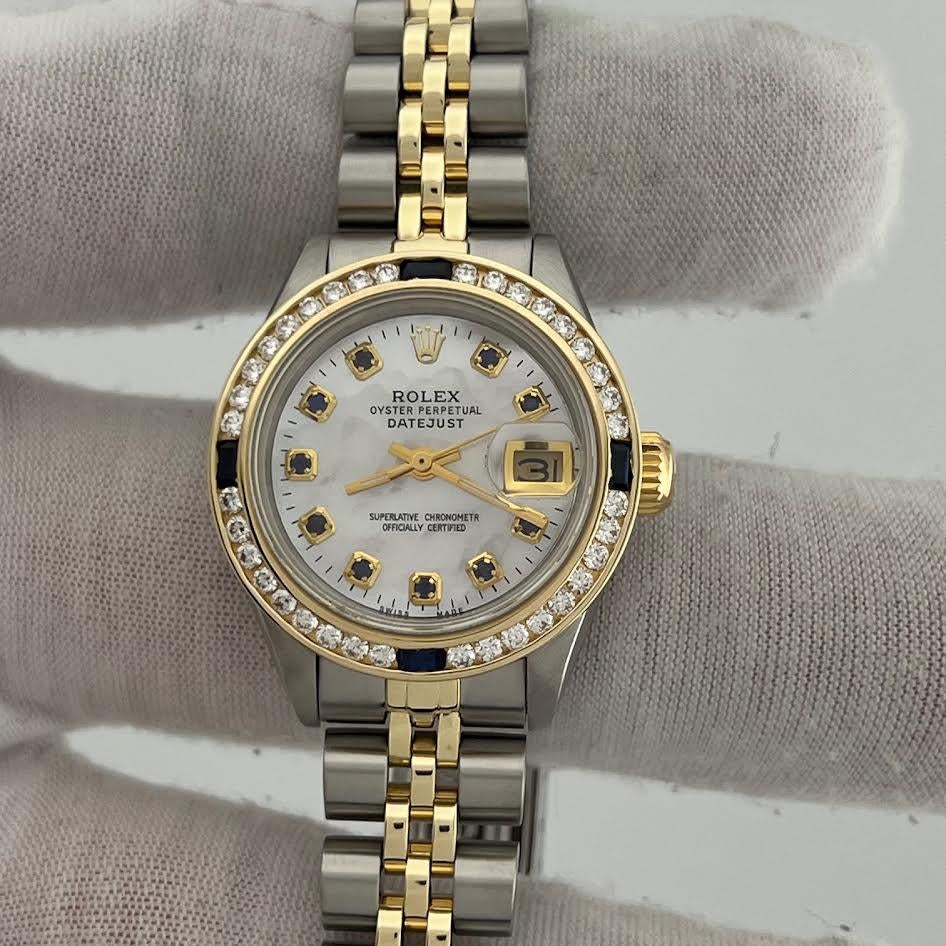 Rolex Datejust 6917 Perlmutt Saphir Zifferblatt Diamant Lünette Gold Stahl im Angebot 3