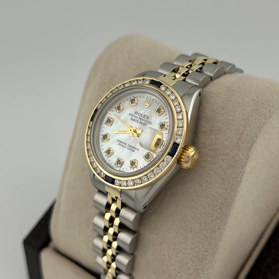 Rolex Datejust 6917 Perlmutt Saphir Zifferblatt Diamant Lünette Gold Stahl im Angebot 4