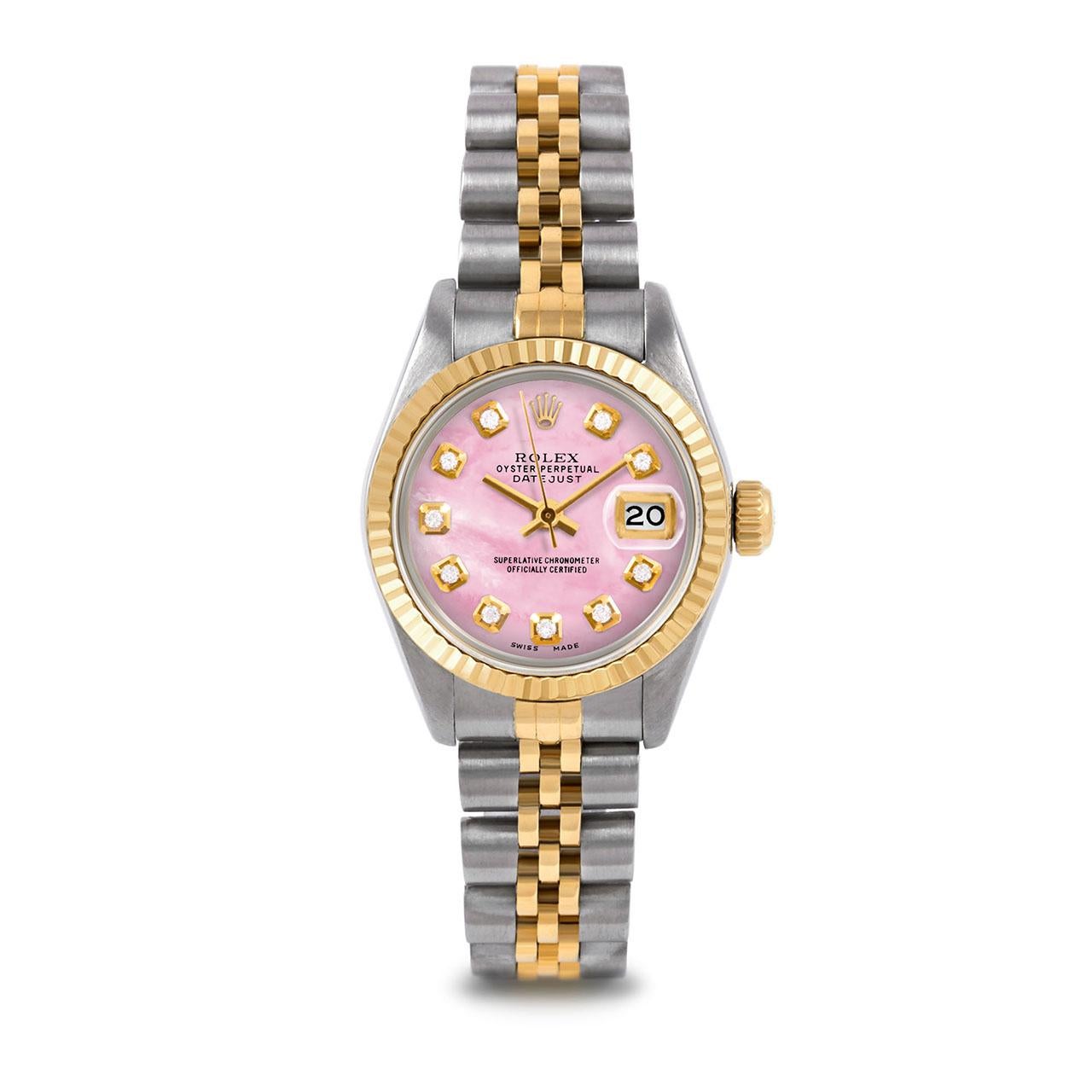 Pre-Owned Rolex 6917 Ladies 26mm Two Tone Datejust Watch, Custom Pink Mother of Pearl Diamond Dial & Fluted Bezel on Rolex 14K Yellow Gold And Stainless Steel Jubilee Band.   

SKU 6917-TT-PMOP-DIA-AM-FLT-JBL


Brand/Model:        Rolex