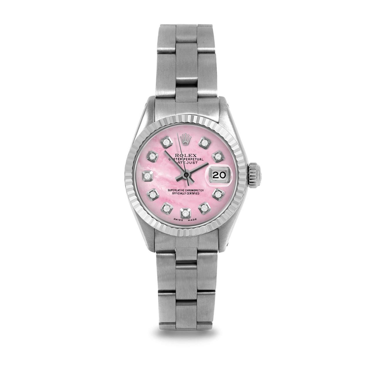 Pre-Owned Rolex 6917 Ladies 26mm Datejust Watch, Custom Pink Mother of Pearl Diamond Dial & Fluted Bezel on Rolex Stainless Steel Oyster Band.   

SKU 6917-SS-PMOP-DIA-AM-FLT-OYS


Brand/Model:        Rolex Datejust
Model Number:        6917
Style: 