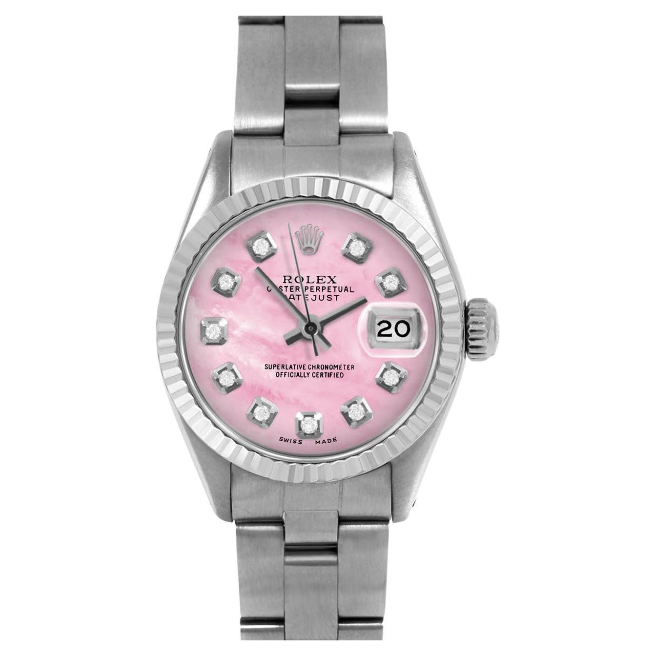 Rolex Montre Datejust 6917 en nacre rose avec cadran en diamant et lunette cannelée en forme d'huître 