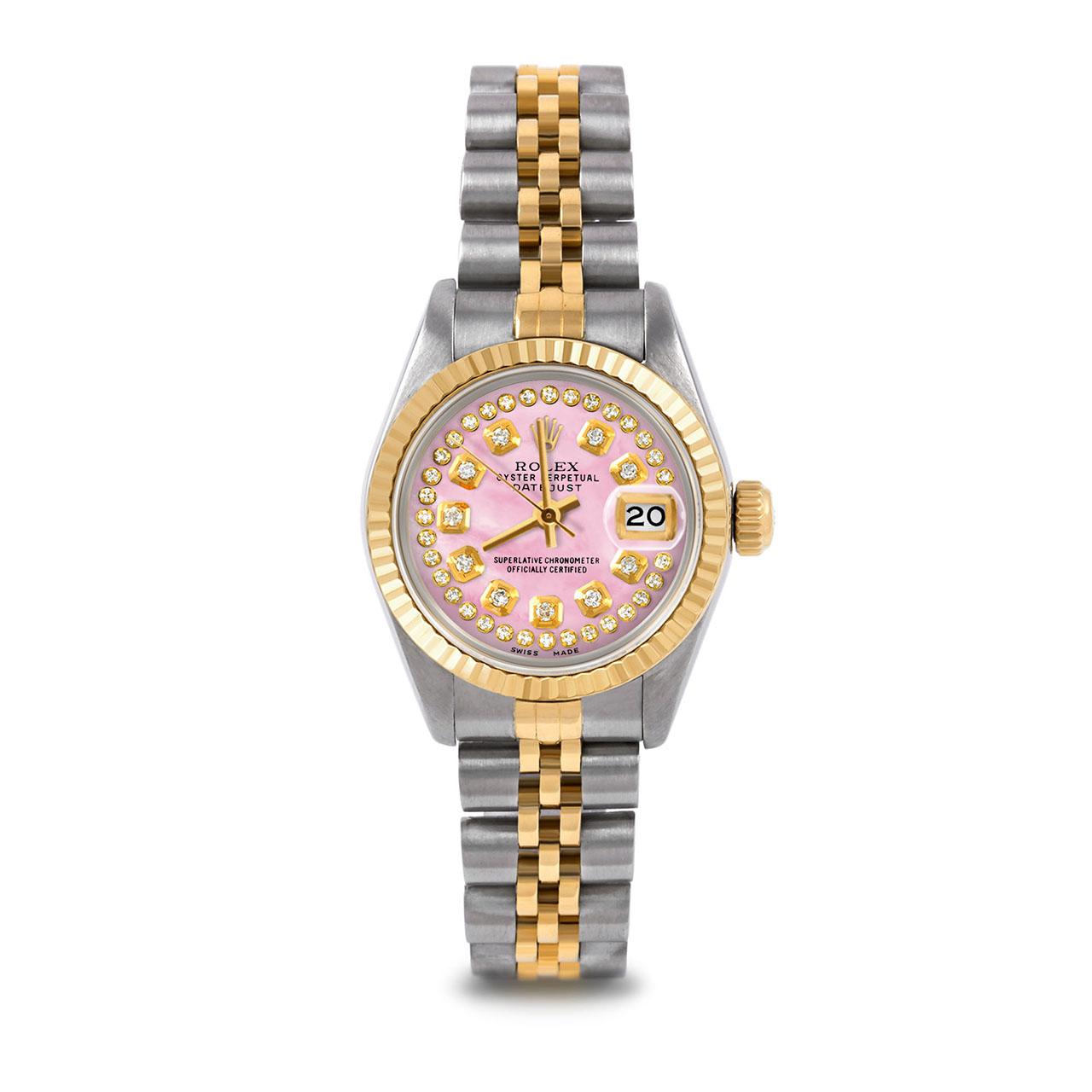 Pre-Owned Rolex 6917 Ladies 26mm Two Tone Datejust Watch, Custom Pink Mother of Pearl String Diamond Dial & Fluted Bezel on Rolex 14K Yellow Gold And Stainless Steel Jubilee Band.   

SKU 6917-TT-PMOP-STRD-FLT-JBL


Brand/Model:        Rolex
