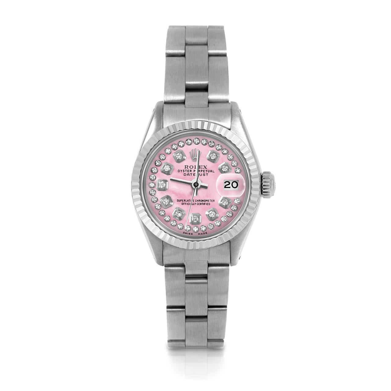 Pre-Owned Rolex 6917 Ladies 26mm Datejust Watch, Custom Pink Mother of Pearl String Diamond Dial & Fluted Bezel on Rolex Stainless Steel Oyster Band.   

SKU 6917-SS-PMOP-STRD-FLT-OYS


Brand/Model:        Rolex Datejust
Model Number:       