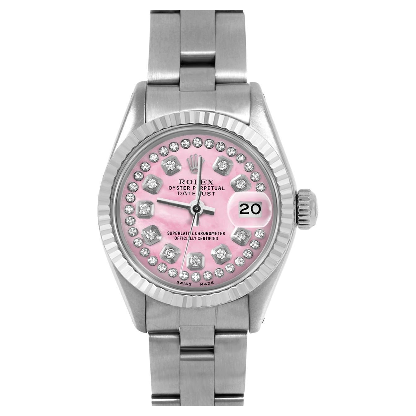 Rolex, bracelet Oyster Datejust 6917 en nacre rose avec cadran en diamants et corde en vente