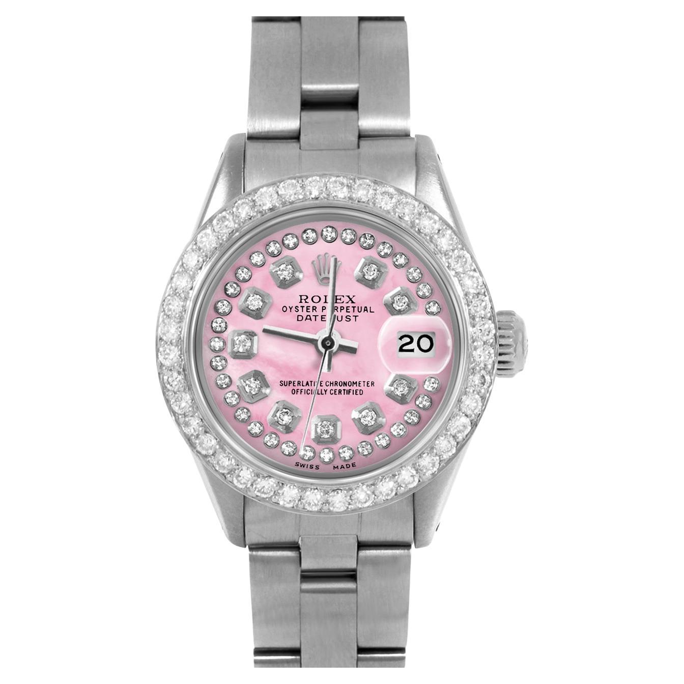 Rolex, bracelet Oyster Datejust 6917 en nacre rose avec cadran en diamants  et corde En vente sur 1stDibs