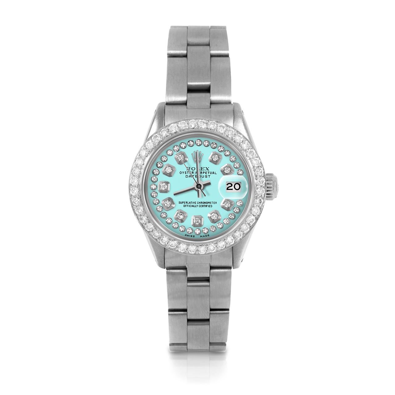 Pre-Owned Rolex 6917 Ladies 26mm Datejust Watch, Custom Turquoise String Diamond Dial & Custom 1ct Diamond Bezel on Rolex Stainless Steel Oyster Band.   

SKU 6917-SS-TRQ-STRD-BDS-OYS


Brand/Model:        Rolex Datejust
Model Number:       