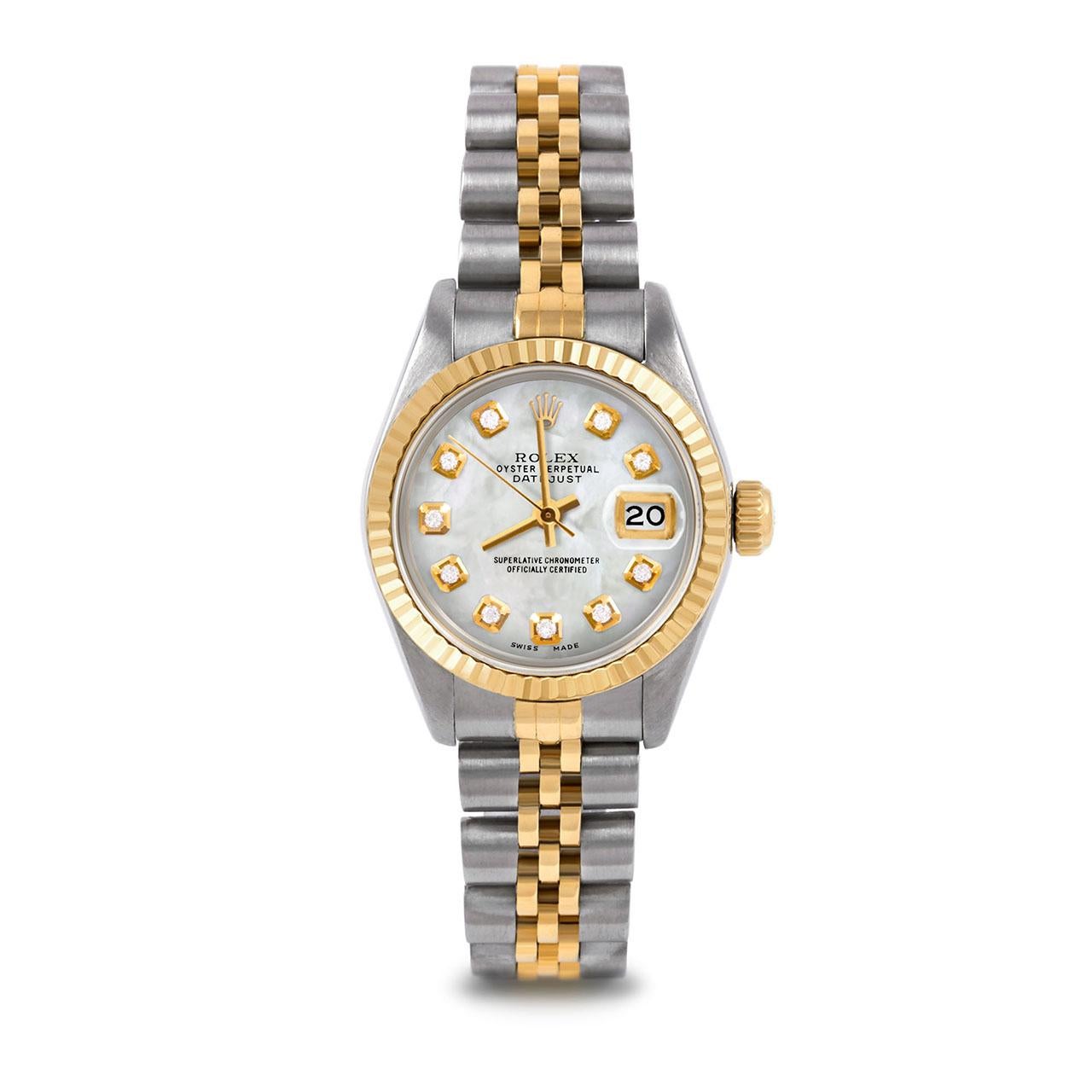 Pre-Owned Rolex 6917 Ladies 26mm Two Tone Datejust Watch, Custom White Mother of Pearl Diamond Dial & Fluted Bezel on Rolex 14K Yellow Gold And Stainless Steel Jubilee Band.   

SKU 6917-TT-WMOP-DIA-AM-FLT-JBL


Brand/Model:        Rolex