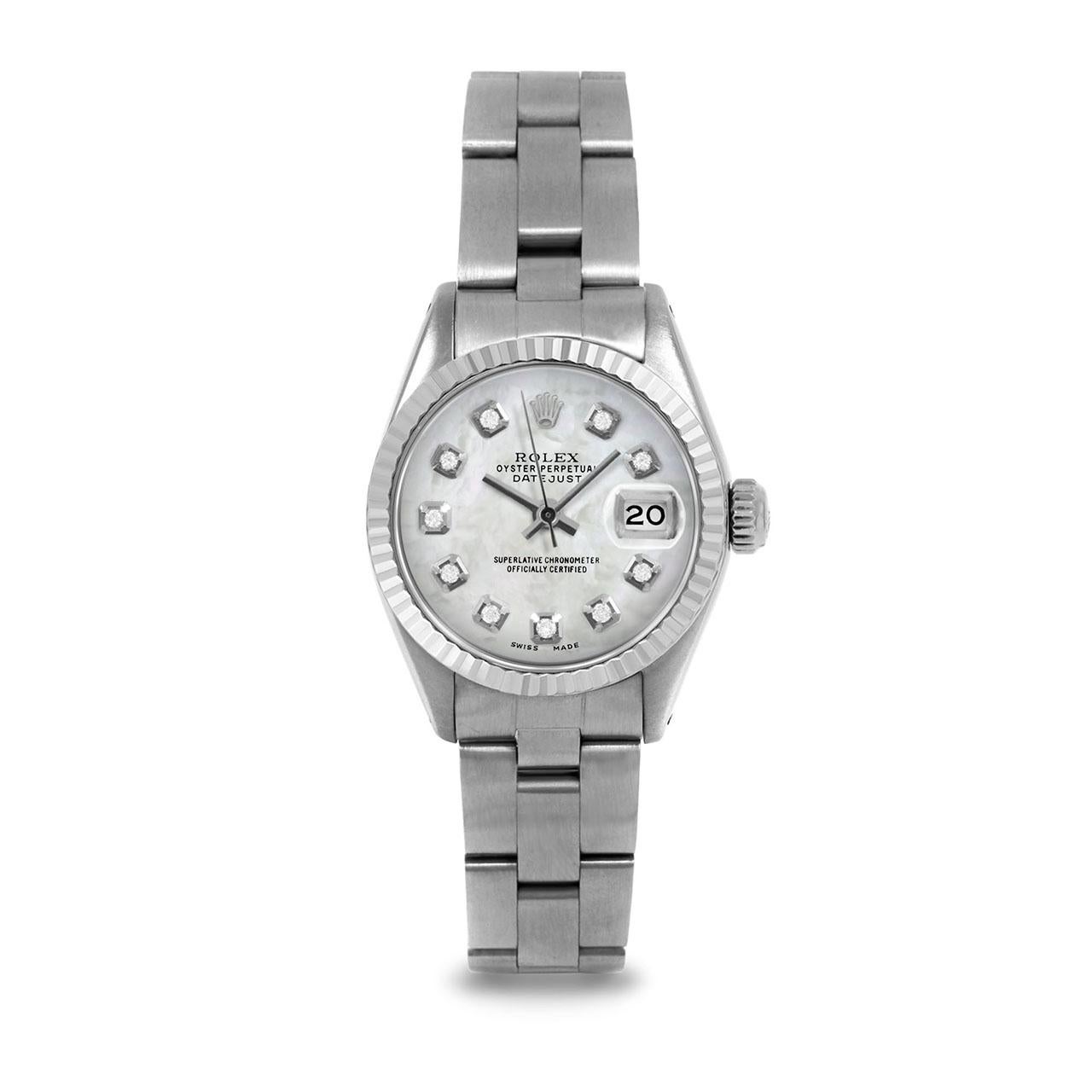 Pre-Owned Rolex 6917 Ladies 26mm Datejust Watch, Custom White Mother of Pearl Diamond Dial & Fluted Bezel on Rolex Stainless Steel Oyster Band.   

SKU 6917-SS-WMOP-DIA-AM-FLT-OYS


Brand/Model:        Rolex Datejust
Model Number:        6917
Style: