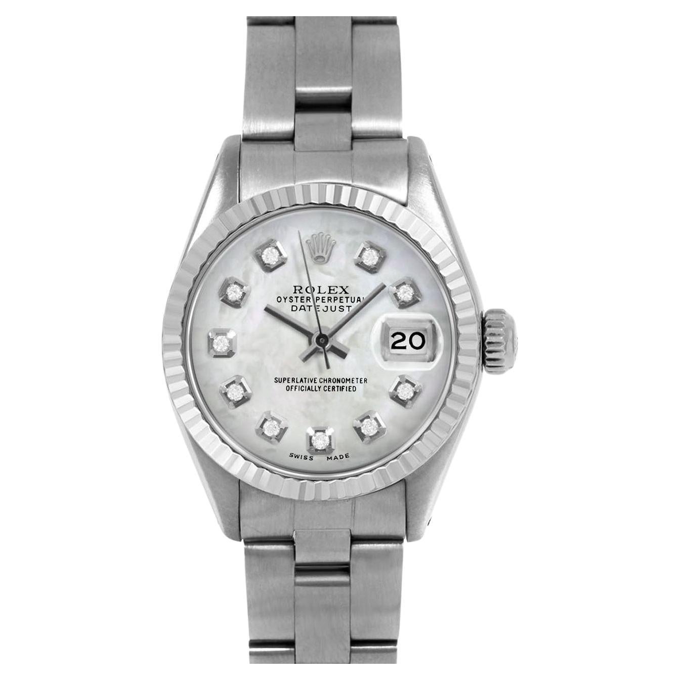Rolex Datejust 6917 White Mother of Pearl Diamond Dial Oyster Band Fluted Bezel For Sale