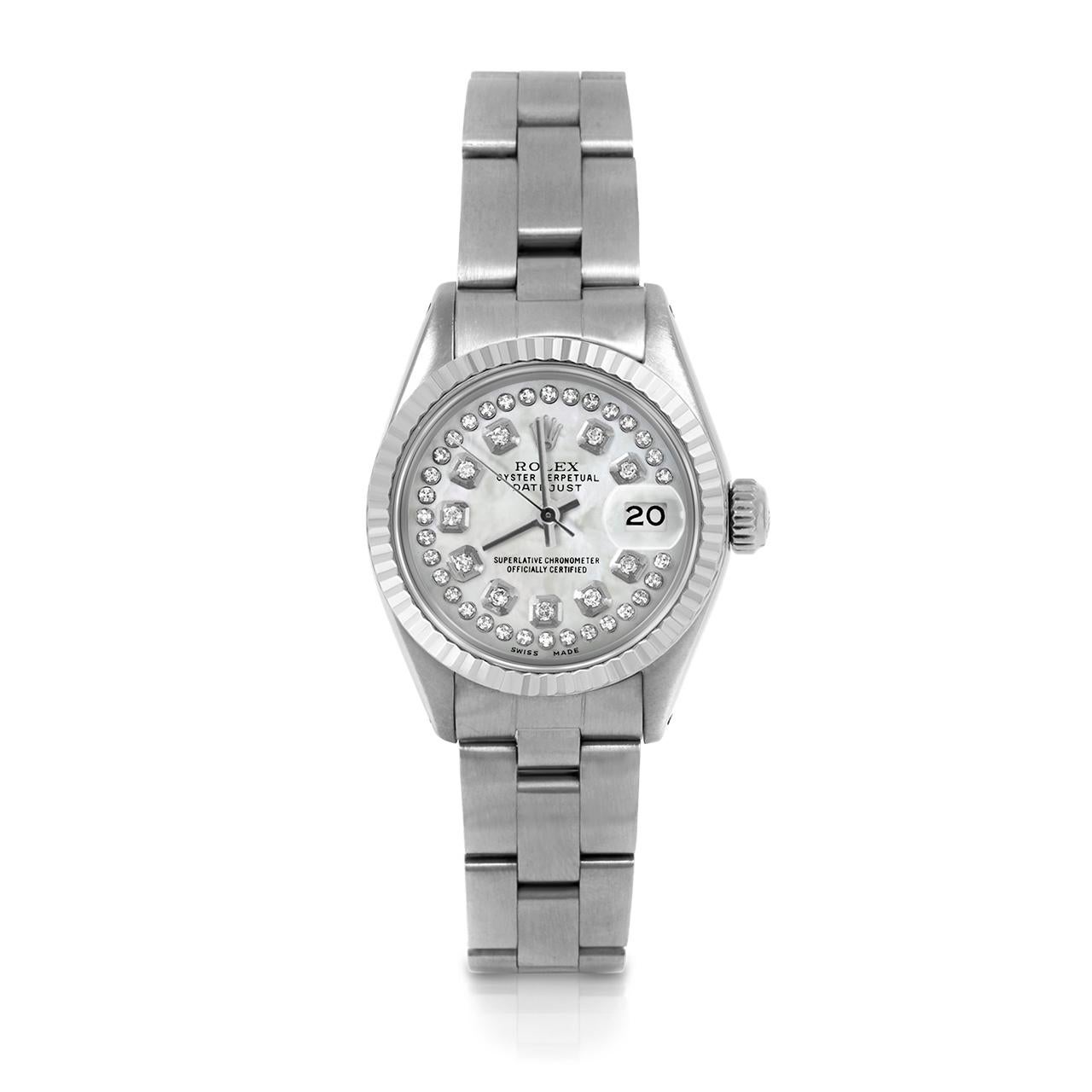 Pre-Owned Rolex 6917 Ladies 26mm Datejust Watch, Custom White Mother of Pearl String Diamond Dial & Fluted Bezel on Rolex Stainless Steel Oyster Band.   

SKU 6917-SS-WMOP-STRD-FLT-OYS


Brand/Model:        Rolex Datejust
Model Number:       