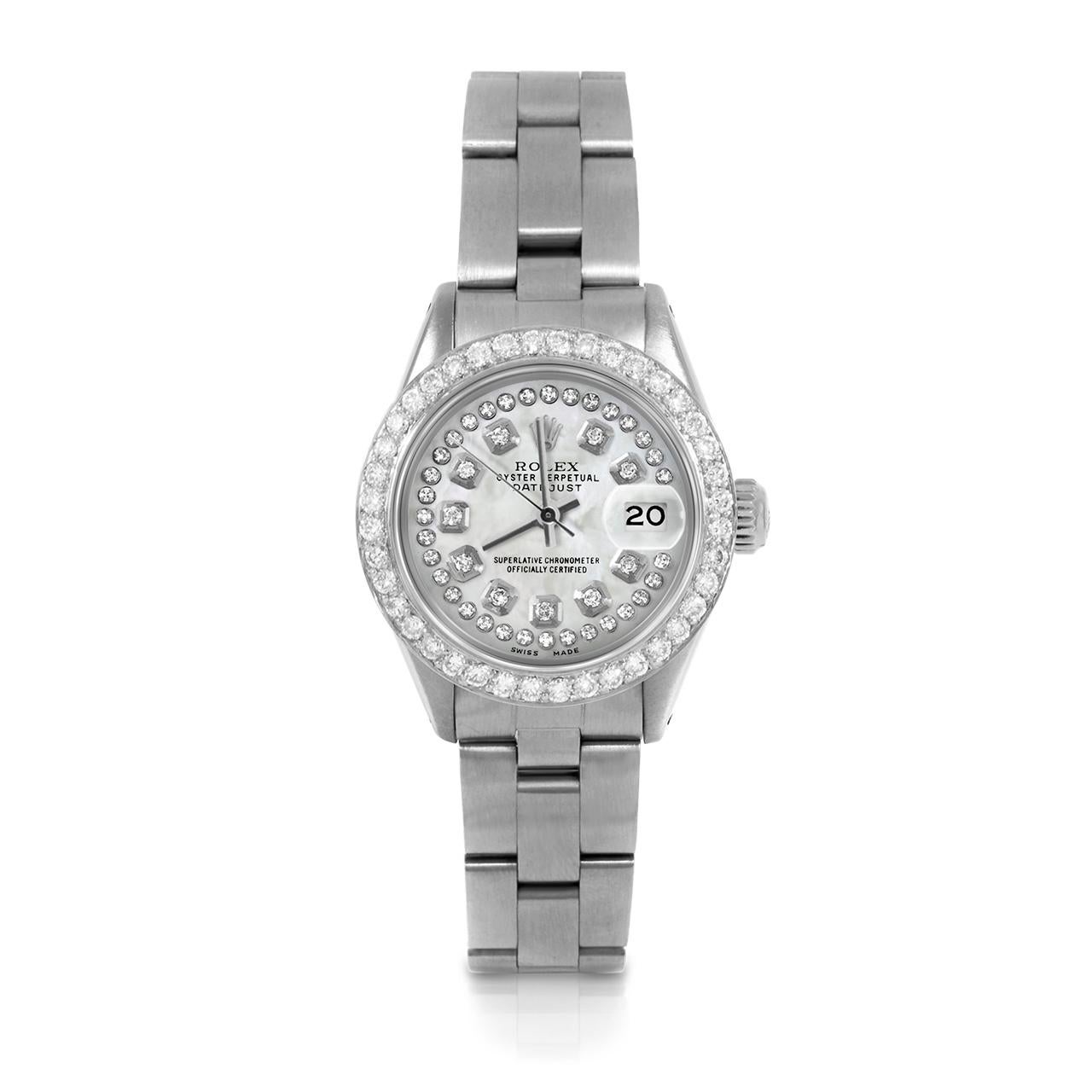 Pre-Owned Rolex 6917 Ladies 26mm Datejust Watch, Custom White Mother of Pearl String Diamond Dial & Custom 1ct Diamond Bezel on Rolex Stainless Steel Oyster Band.   

SKU 6917-SS-WMOP-STRD-BDS-OYS


Brand/Model:        Rolex Datejust
Model Number:  