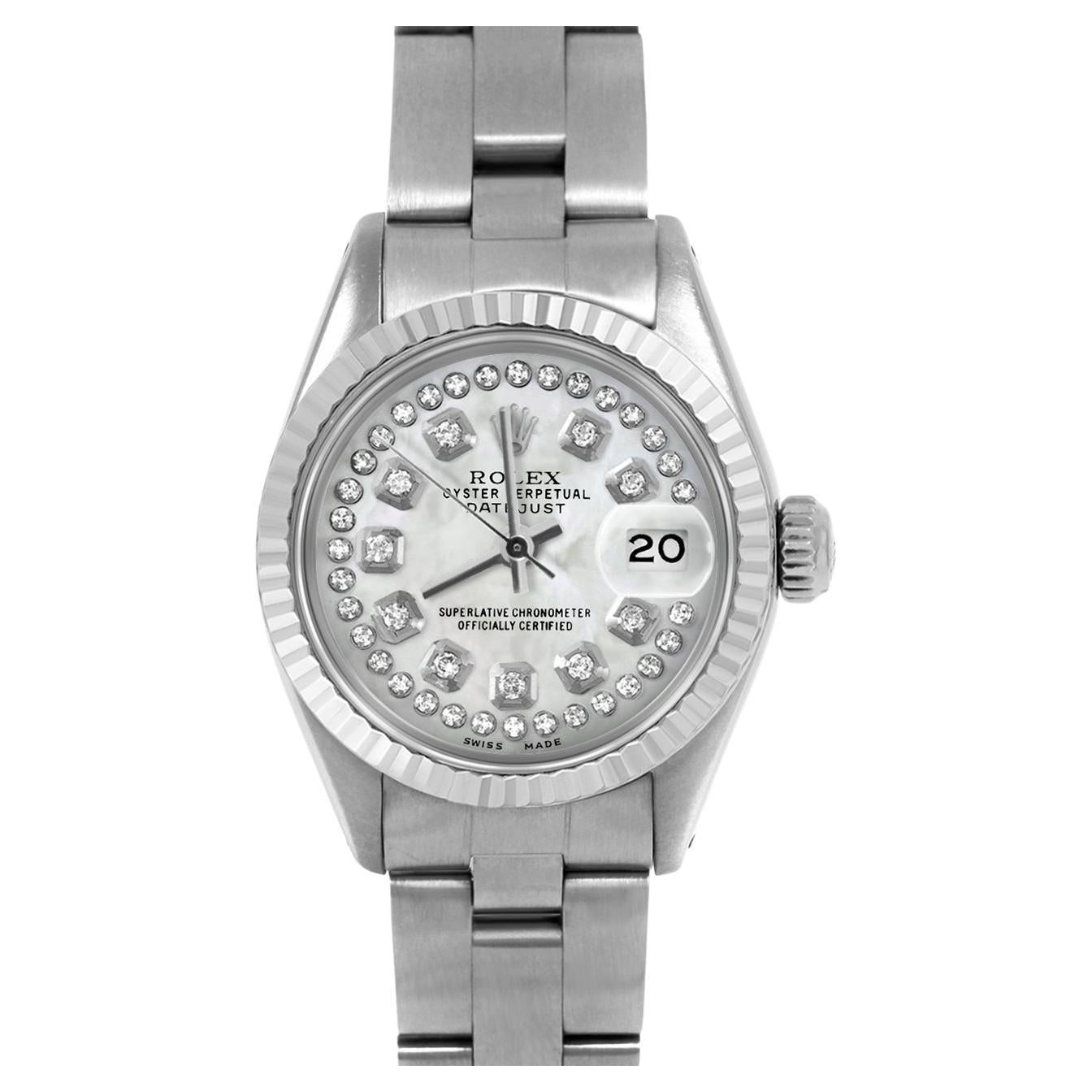 Rolex, bracelet Oyster Datejust 6917 en nacre blanche avec cadran en diamants et corde en vente
