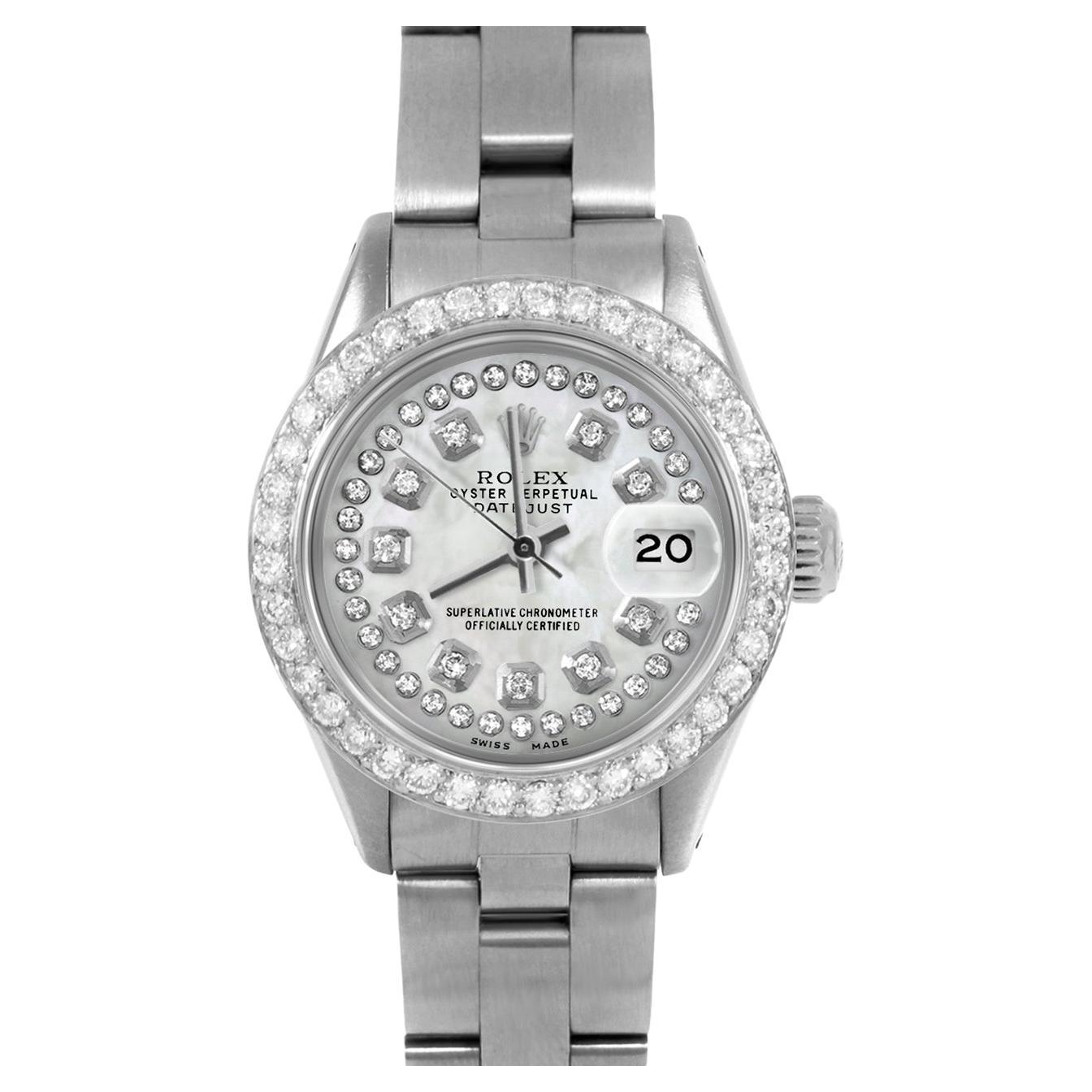 Rolex, bracelet Oyster Datejust 6917 en nacre blanche avec cadran en diamants et corde en vente