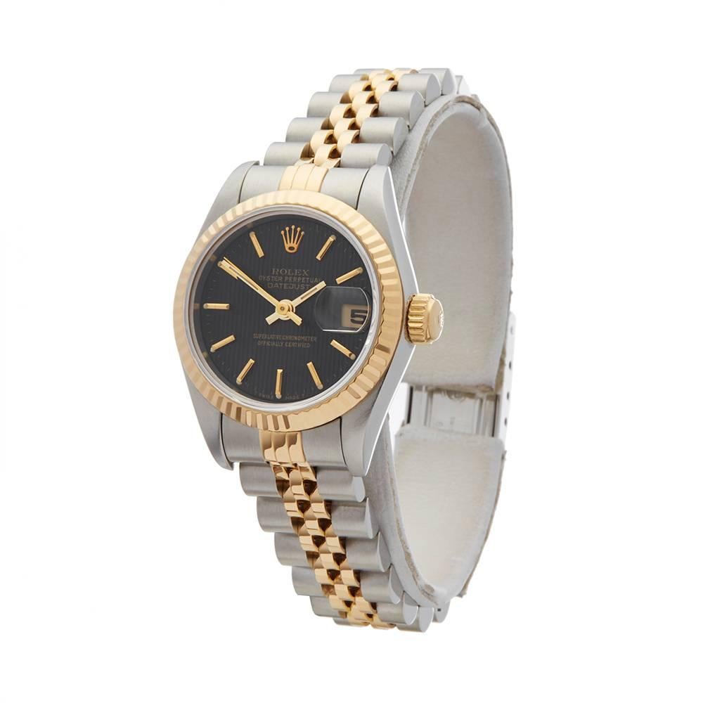 Ref: W4846
Manufacturer: Rolex
Model: Datejust
Model Ref: 69173
Age: 
Gender: Ladies
Complete With: Box Only
Dial: Black
Glass: Sapphire Crystal
Movement: Automatic
Water Resistance: To Manufacturers Specifications
Case: Stainless Steel & 18k Yellow
