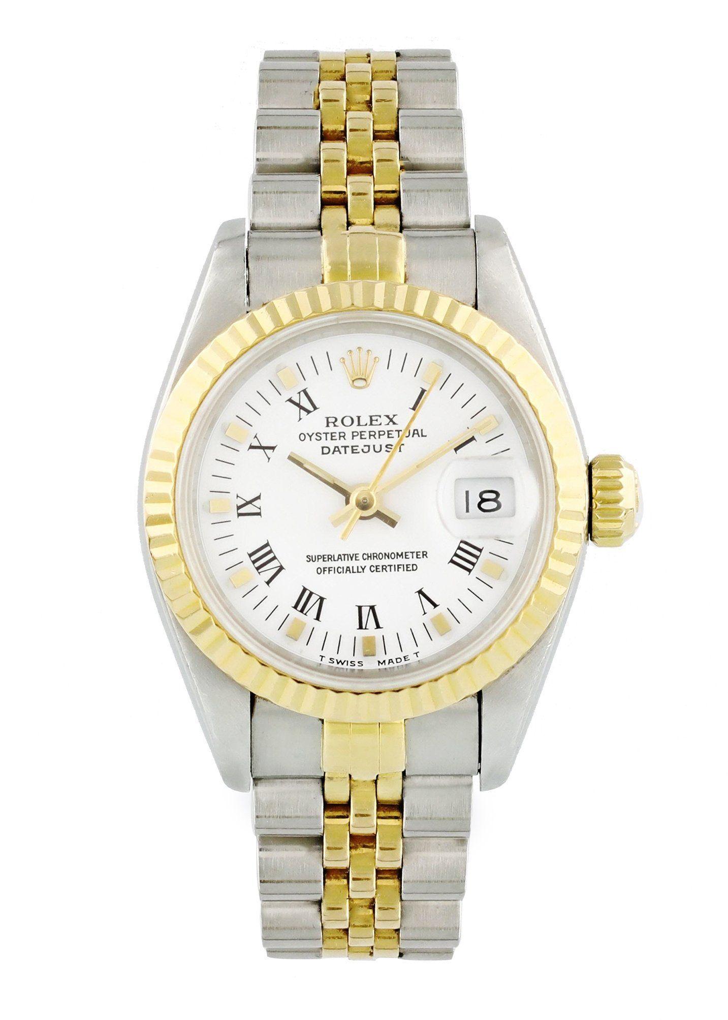 Rolex Datejust Professional 69173 Ladies Watch. 
26mm Stainless Steel case. 
Yellow Gold Stationary bezel. 
White dial with Luminous gold hands and roman numeral hour markers. 
Minute markers on the outer dial. 
Date display at the 3 o'clock